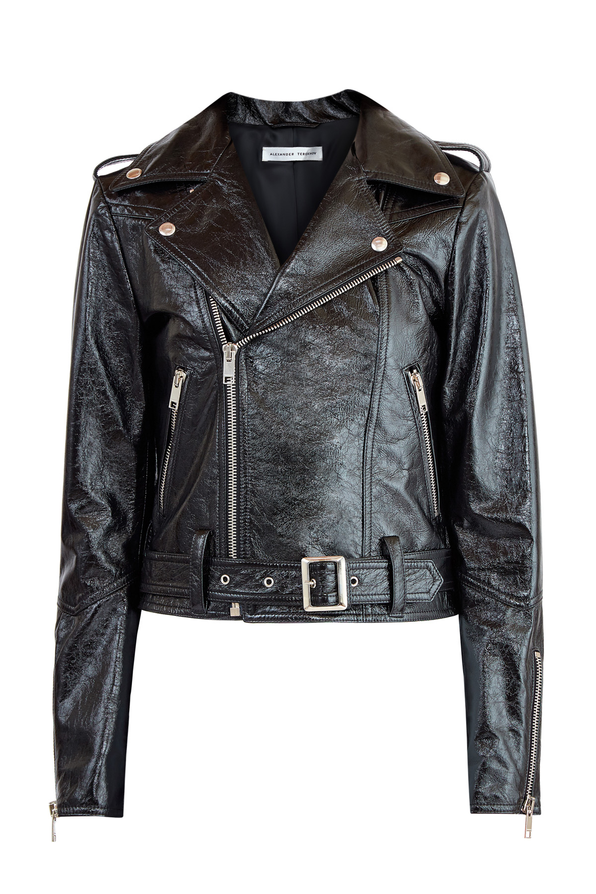 Кожаная куртка в байкерском стиле из лаковой кожи с эффектом кракле ALEXANDER TEREKHOV, цвет черный, размер 40;52 - фото 1