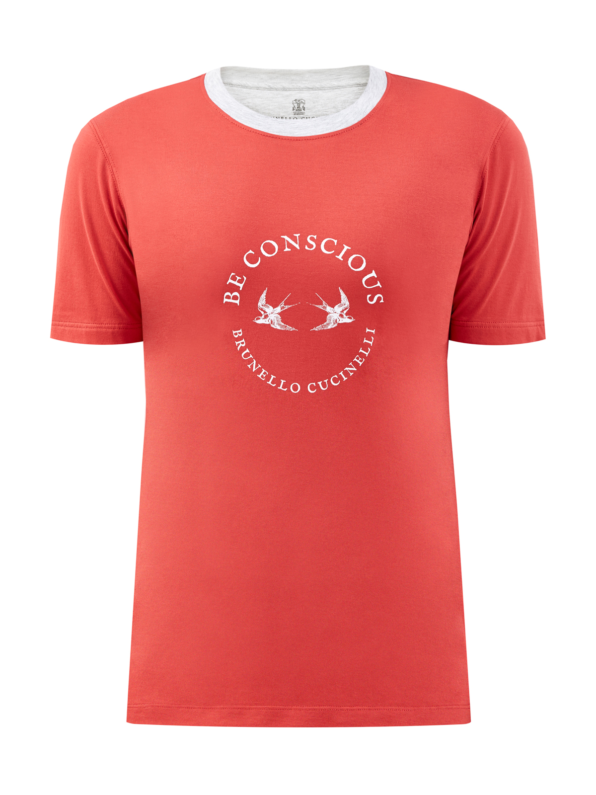 Хлопковая футболка с минималистичным принтом и контрастным кантом BRUNELLO CUCINELLI, цвет красный, размер 50;52;54;46 - фото 1