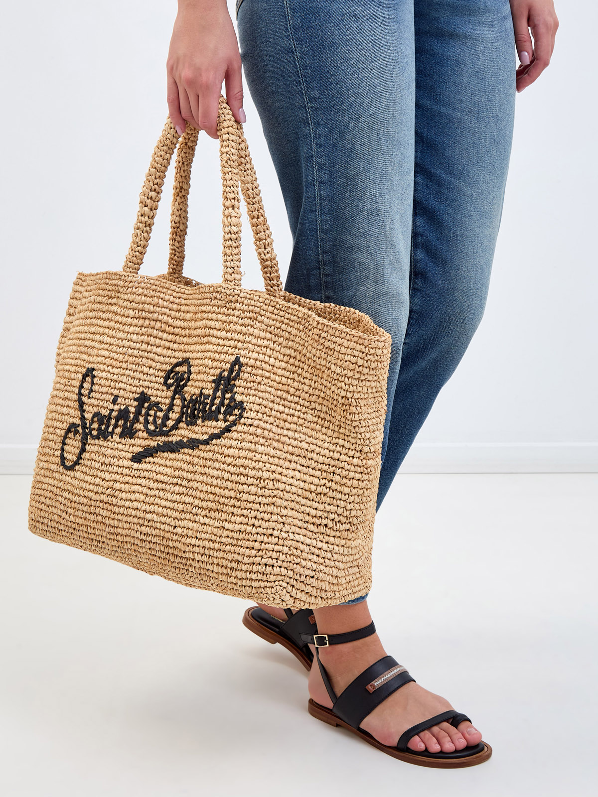 Объемная сумка-шоппер из плетеной рафии с вышивкой MC2 SAINT BARTH, цвет коричневый, размер S;M;L - фото 2