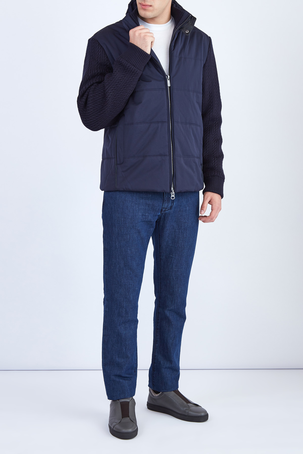 Стеганая куртка с вязаными рукавами и отделкой из кожи CUDGI, цвет синий, размер 48 - фото 2