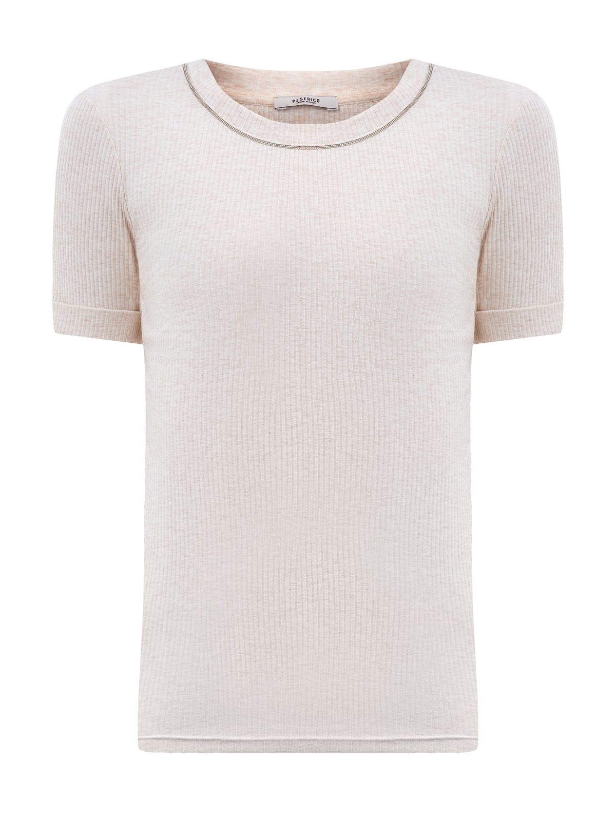 Облегающая футболка из хлопка в рубчик с ювелирными цепочками PESERICO, цвет бежевый, размер 38;40;42;44;46