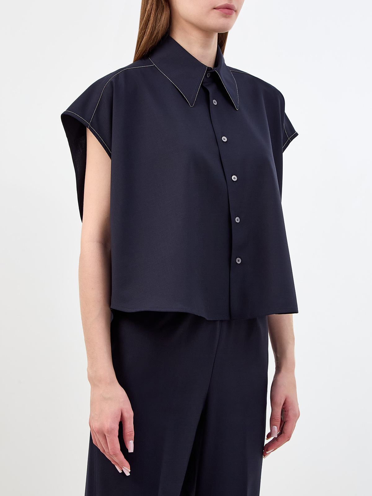 Укороченная блуза из тонкой шерсти с ювелирной окантовкой FABIANA FILIPPI, цвет синий, размер 40;42 - фото 3