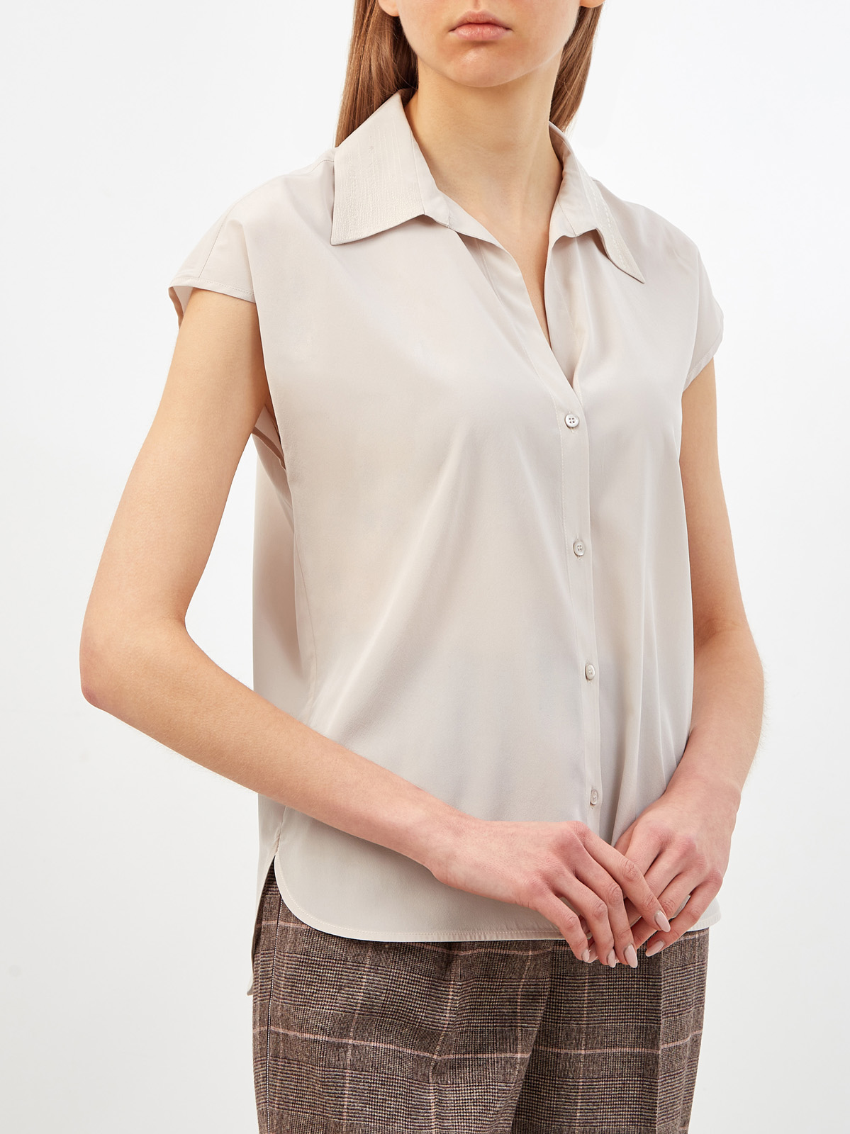 Блуза из струящегося шелка с вплетенными пайетками на вороте PESERICO, цвет бежевый, размер 42;46;48 - фото 3