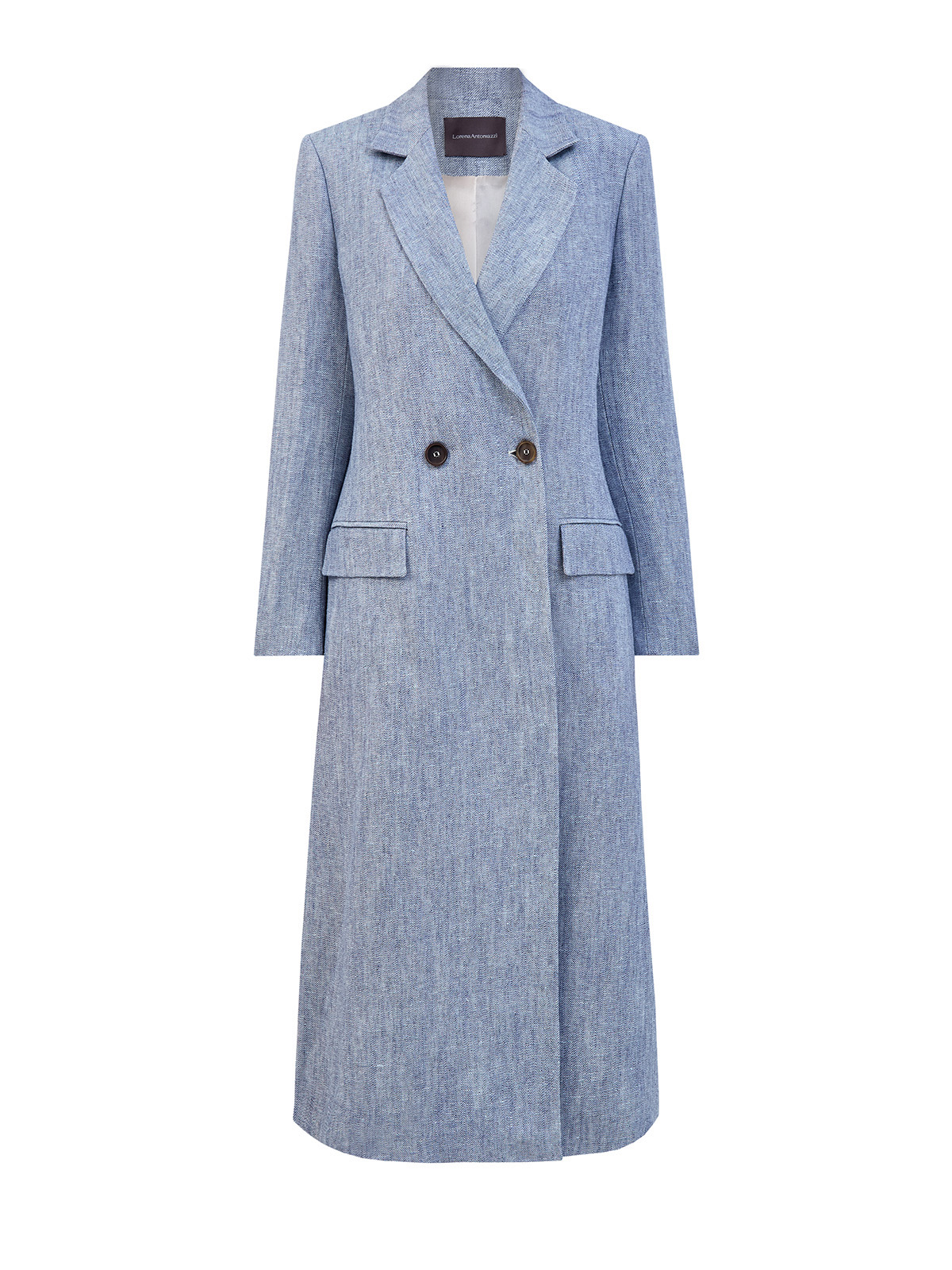 

Двубортное пальто ручной работы из меланжевого льна, Голубой, Двубортное пальто ручной работы из меланжевого льна