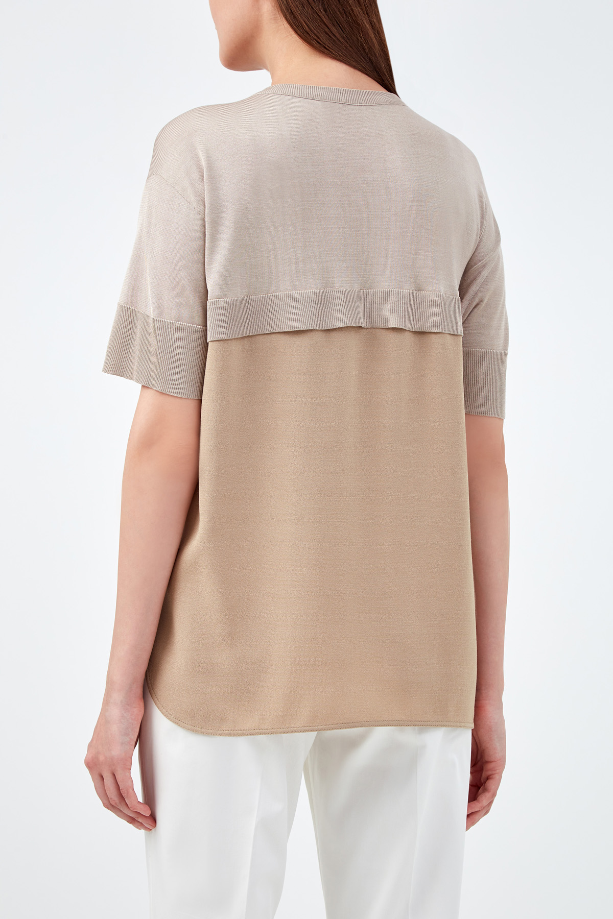 Блуза из шерстяной ткани и шелкового трикотажа AGNONA, цвет бежевый, размер 44;46 - фото 4