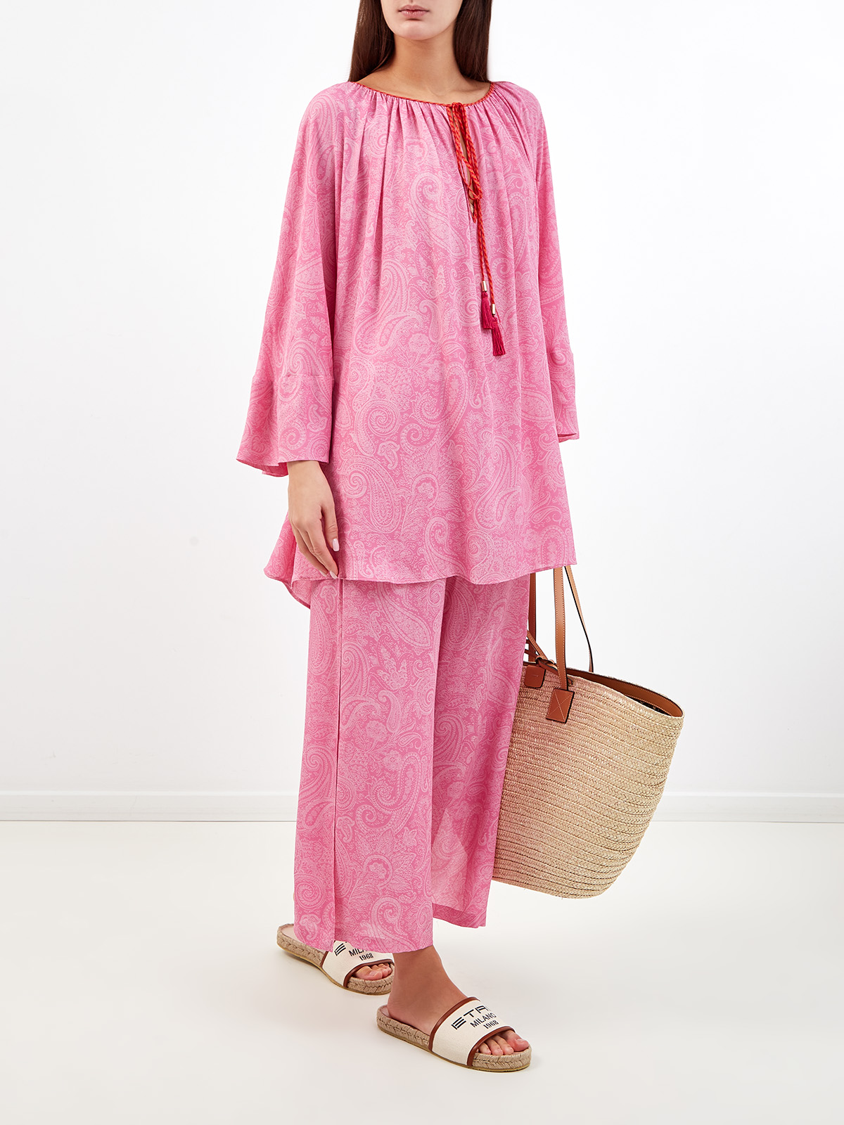Блуза из тонкой вискозы с принтом и плетеными кисточками ETRO, цвет розовый, размер 38;42;44;46 - фото 2