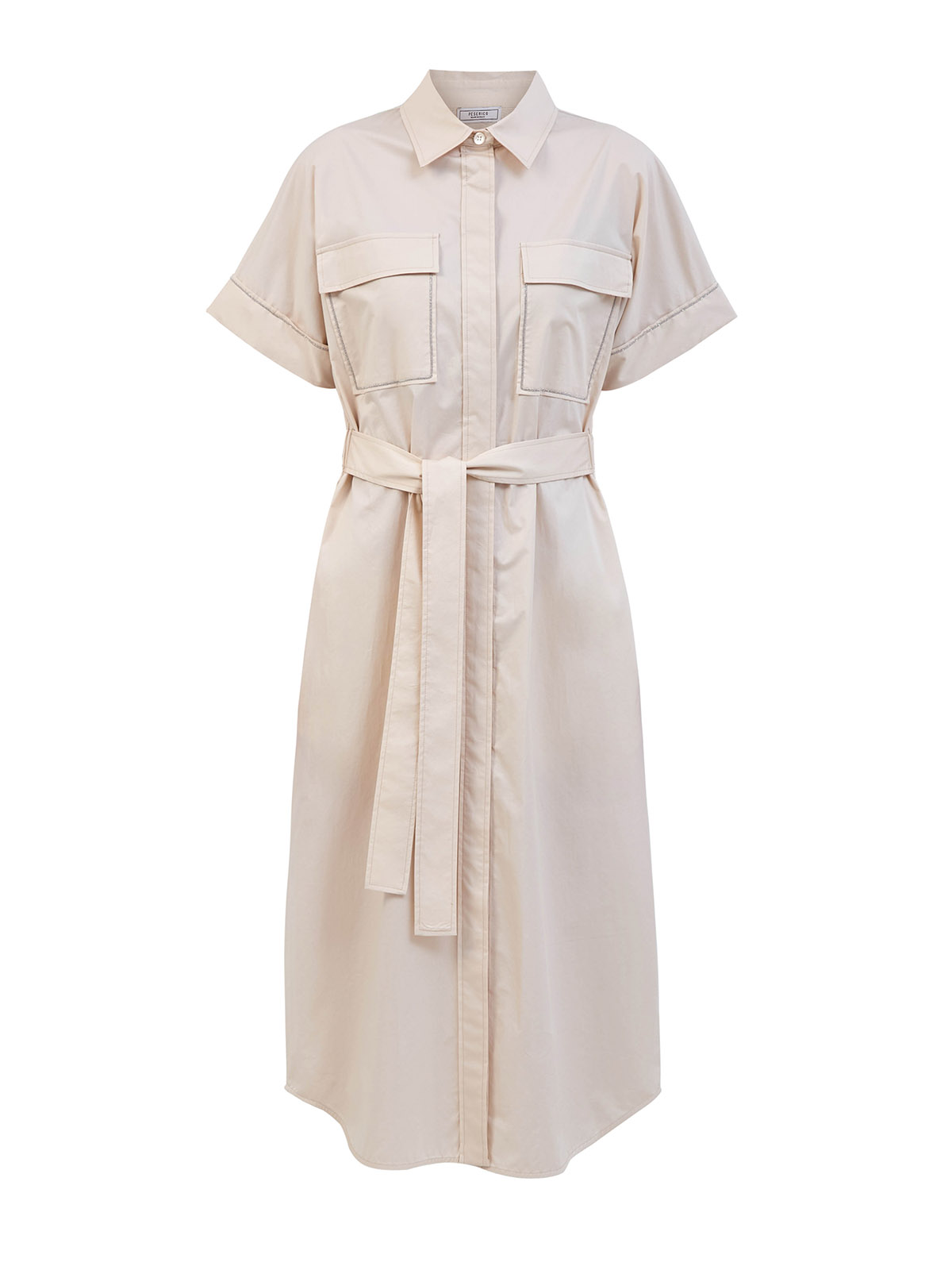 

Платье из гладкого хлопка с ювелирной окантовкой Punto Luce и поясом, Бежевый, Платье из гладкого хлопка с ювелирной окантовкой Punto Luce и поясом