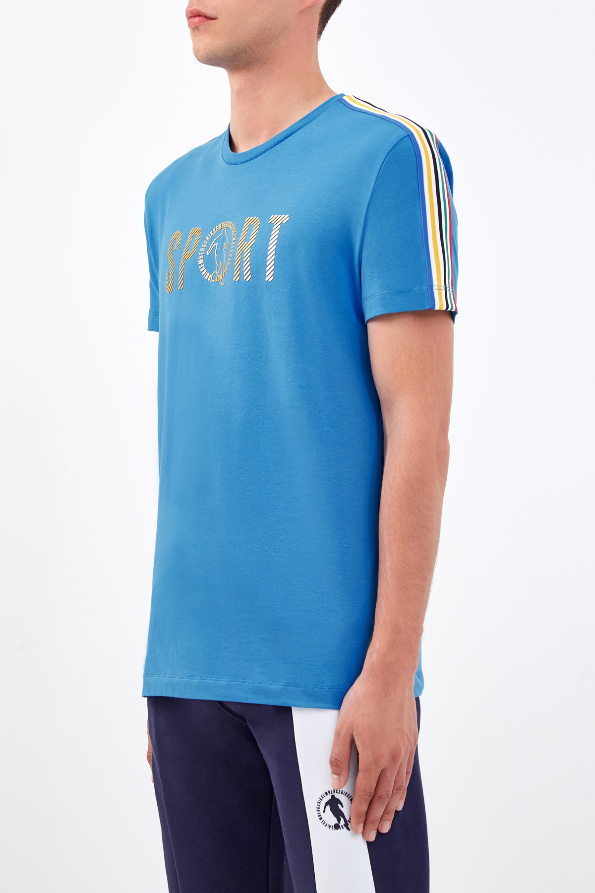 Хлопковая футболка из гладкого джерси с фактурной аппликацией Sport BIKKEMBERGS, цвет голубой, размер XL;2XL;M - фото 3
