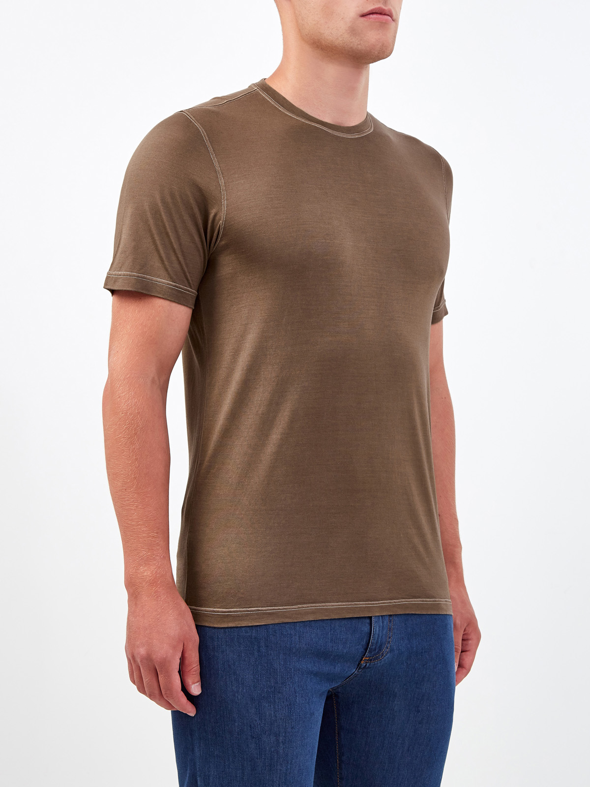 Шелковая футболка из джерси с контрастной отделкой швов GRAN SASSO, цвет коричневый, размер 50;52;48 - фото 3