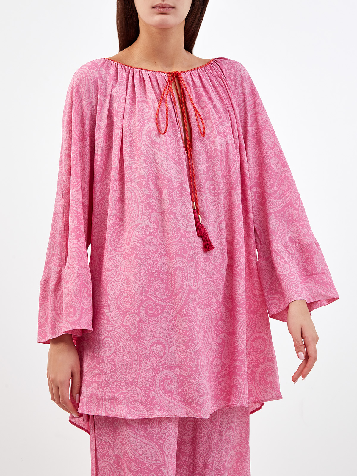 Блуза из тонкой вискозы с принтом и плетеными кисточками ETRO, цвет розовый, размер 38;42;44;46 - фото 3