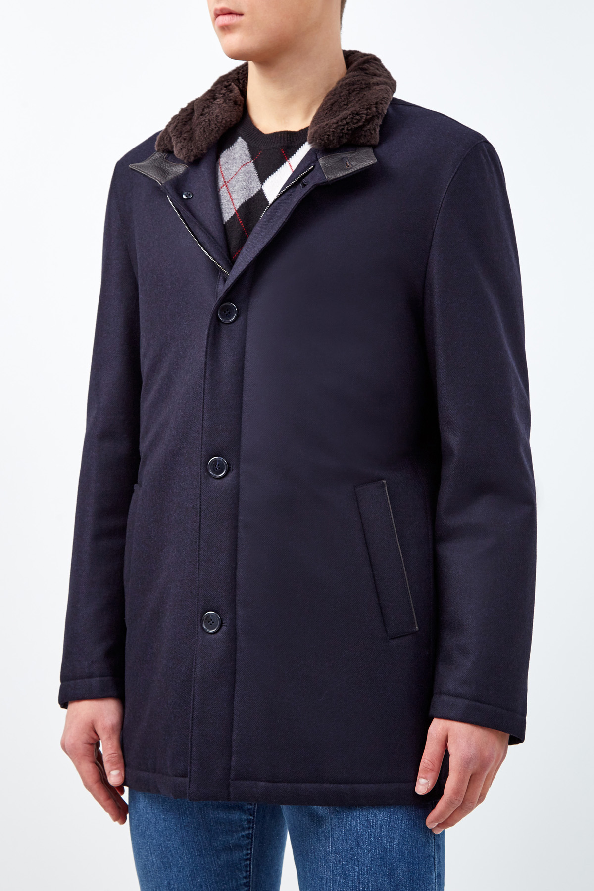 Пальто из шерстяного драпа с отделкой из кожи оленя ENRICO MANDELLI, цвет синий, размер 50;52;54;58;60;62 - фото 3