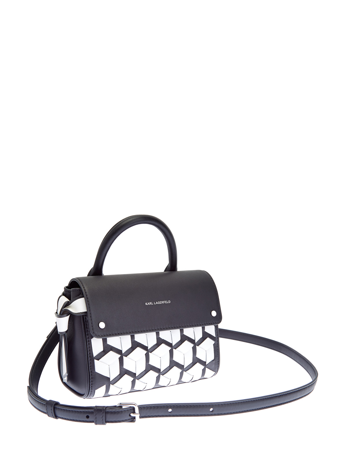 Кожаная сумка с контрастной отделкой в технике объемного плетения KARL LAGERFELD, цвет черно-белый, размер 5;6;7 - фото 3