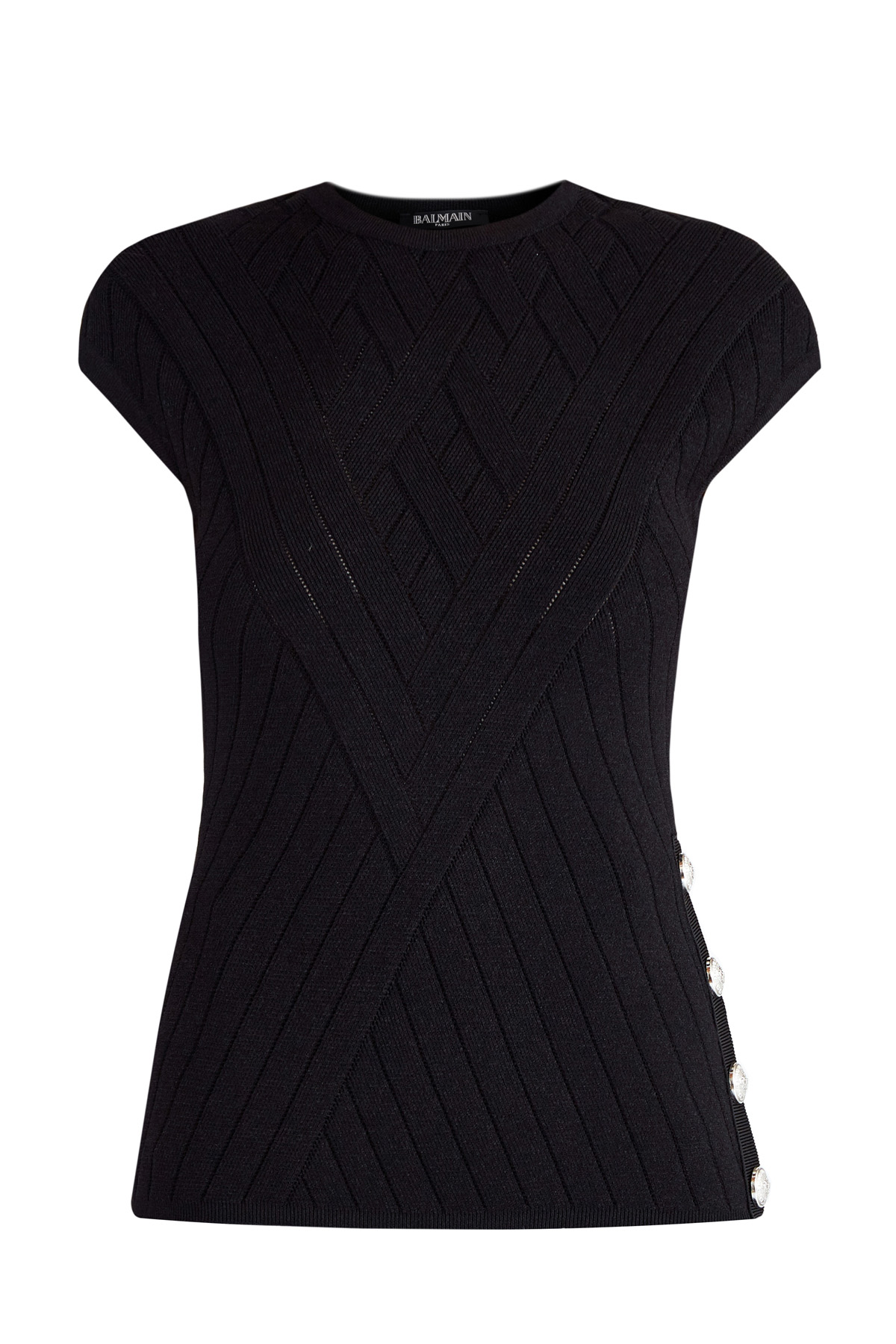 Тонкий вязаный джемпер с эффектом плетения и перфорацией BALMAIN, цвет черный, размер 42 - фото 1