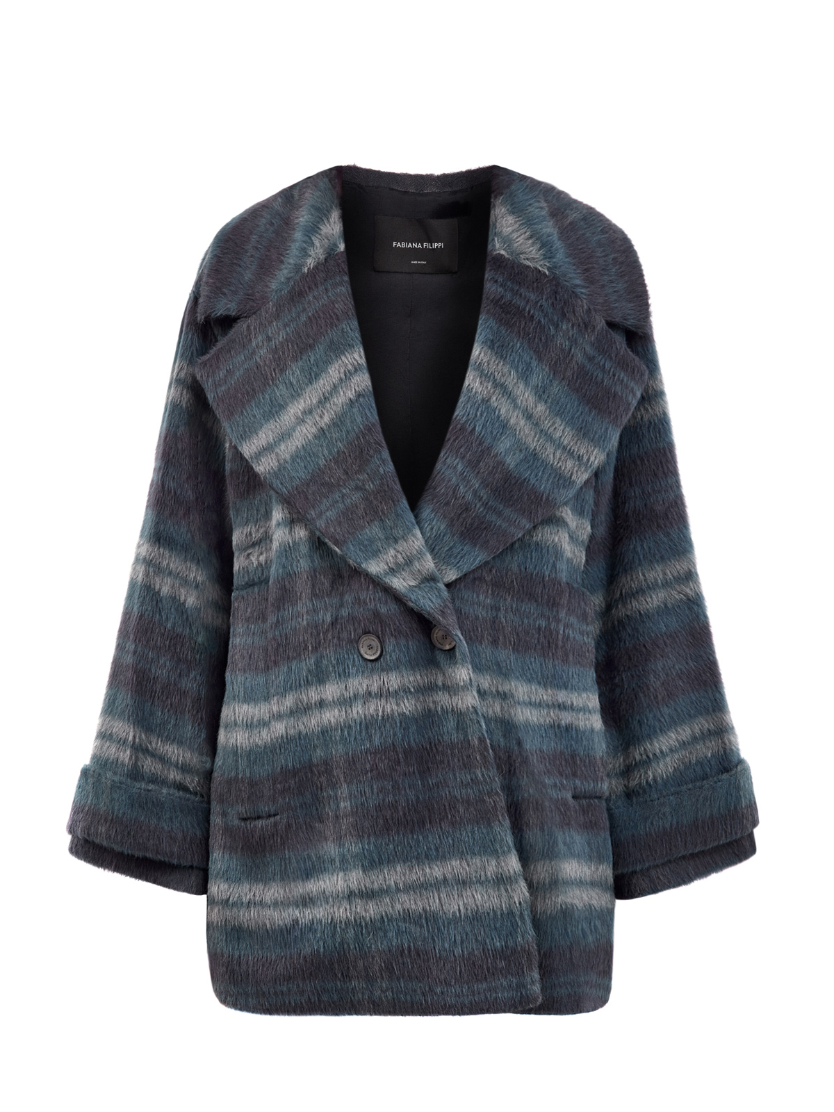 Объемное двубортное пальто-oversize из шерсти альпака в полоску FABIANA FILIPPI синего цвета