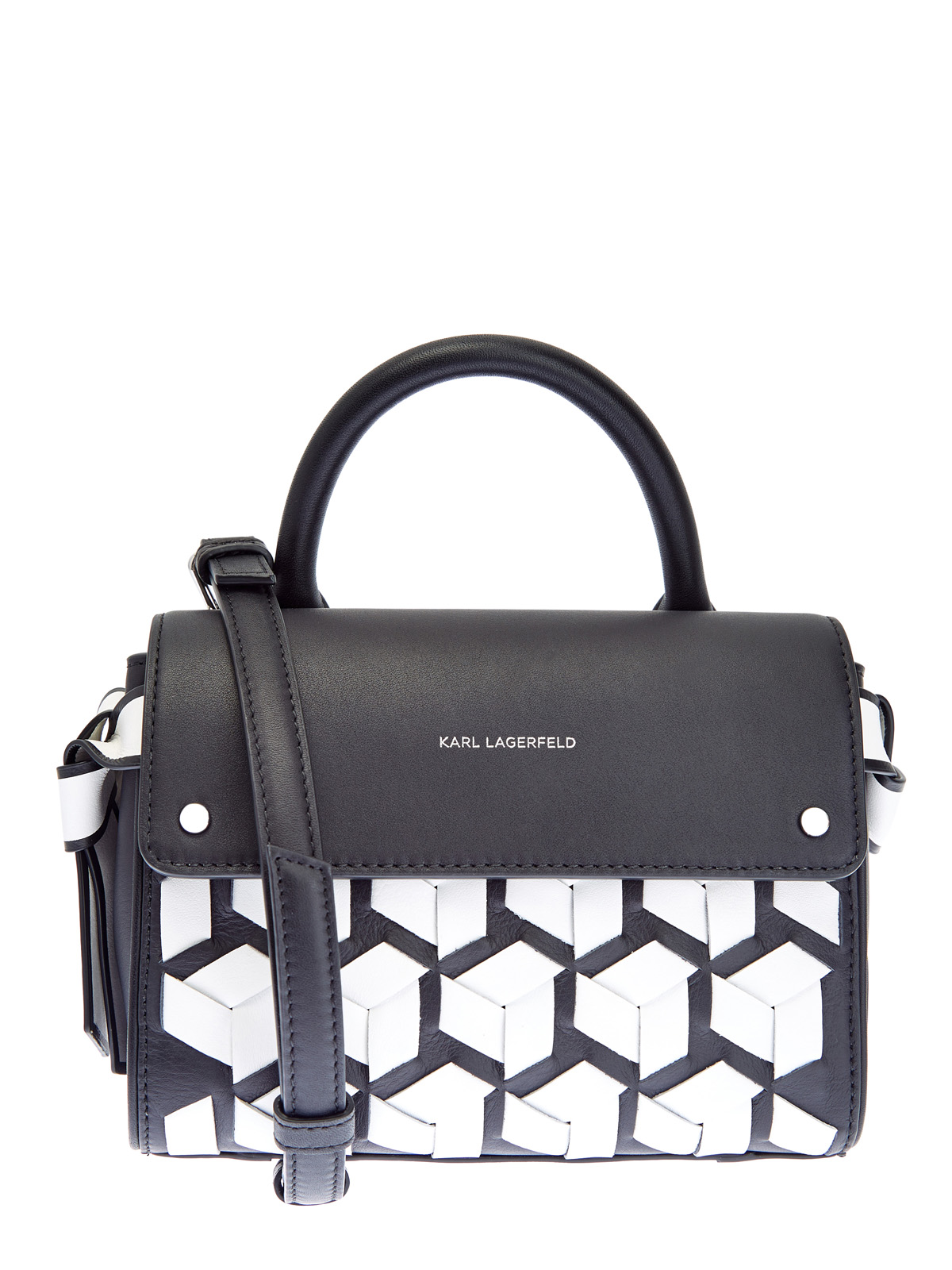 Кожаная сумка с контрастной отделкой в технике объемного плетения KARL LAGERFELD, цвет черно-белый, размер 5;6;7 - фото 1