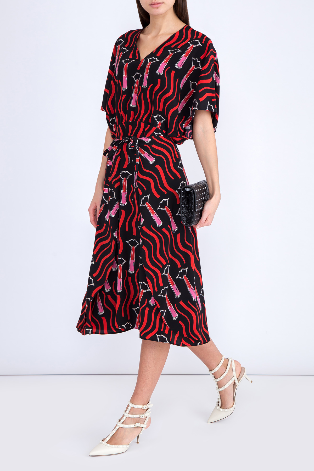 Шелковое платье с контрастным принтом Lipstick Waves и поясом VALENTINO, цвет мульти, размер 44 - фото 2