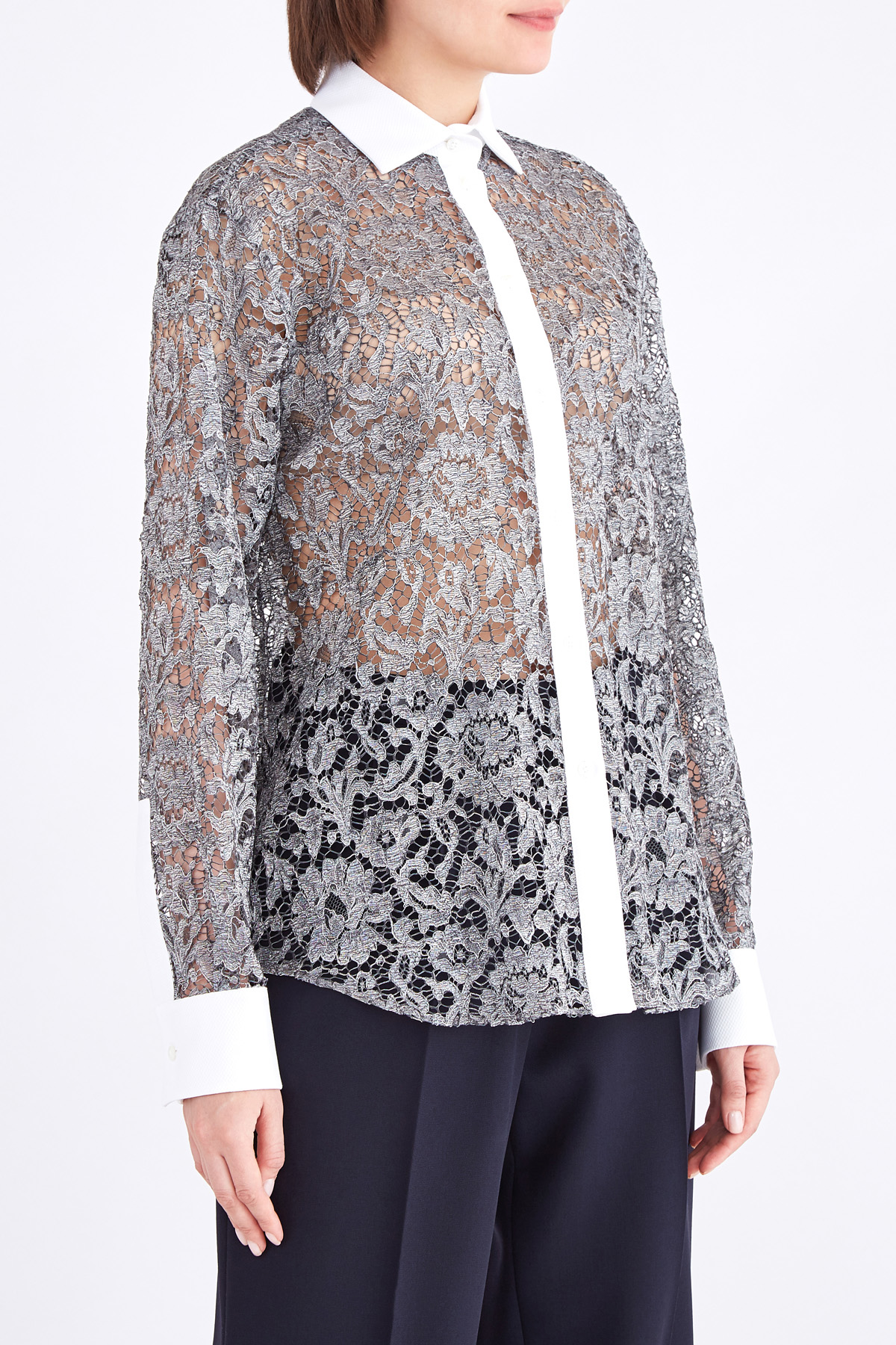 Рубашка из ажурного кружева с нитями люрекса и контрастной отделкой VALENTINO, цвет серый, размер 40;44 - фото 3