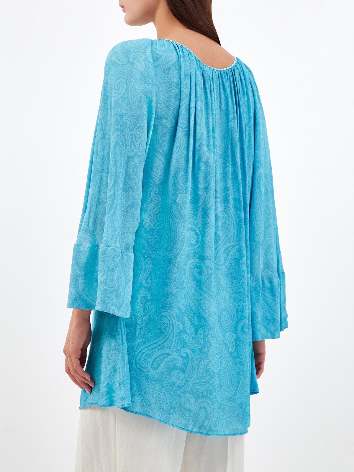 Легкая блуза с плетеными кисточками и принтом в тон ETRO, цвет голубой, размер 40;42;44;46;38 - фото 4