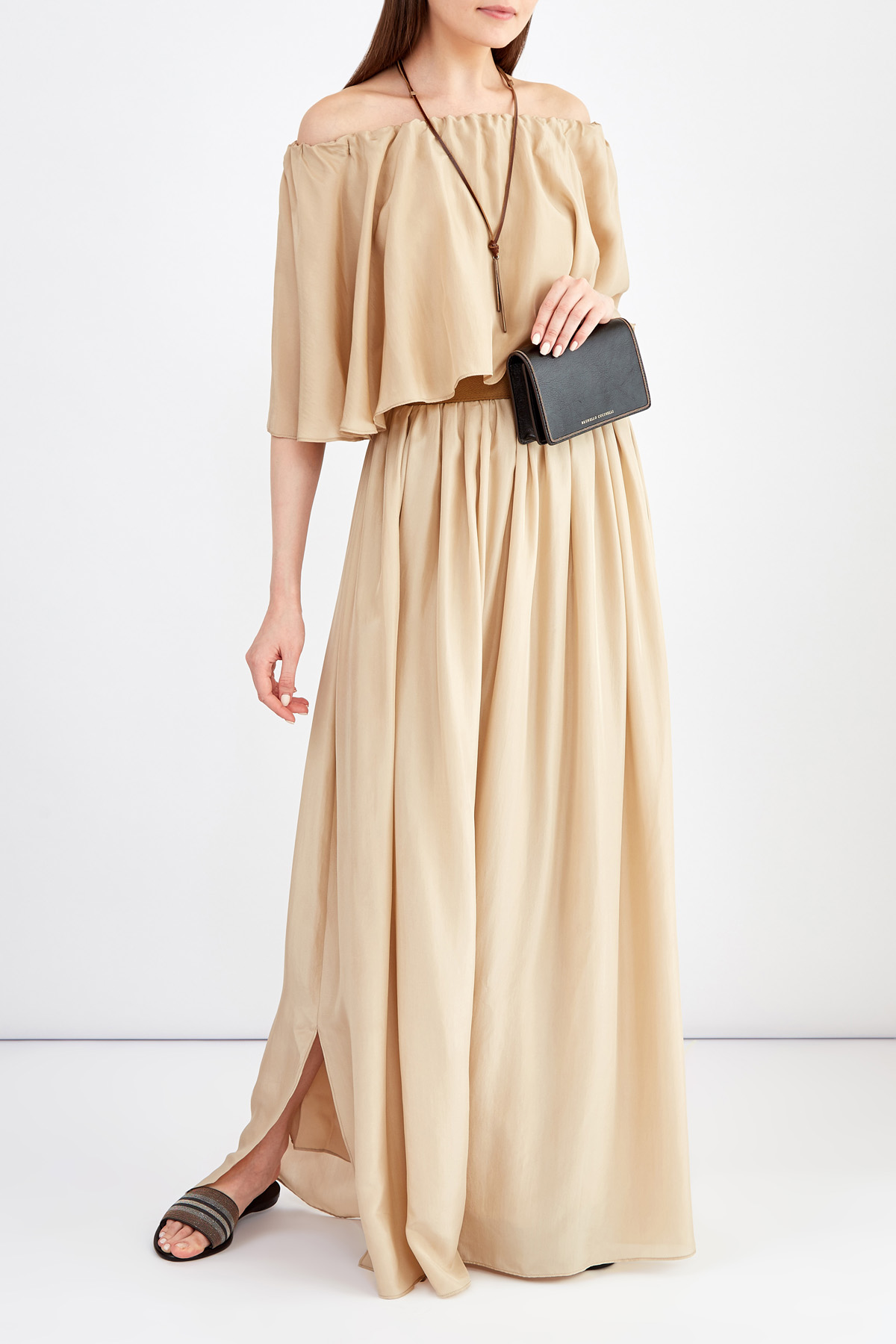 Шелковое платье в пол в стиле бохо с драпировками BRUNELLO CUCINELLI, цвет бежевый, размер 44;42 - фото 2