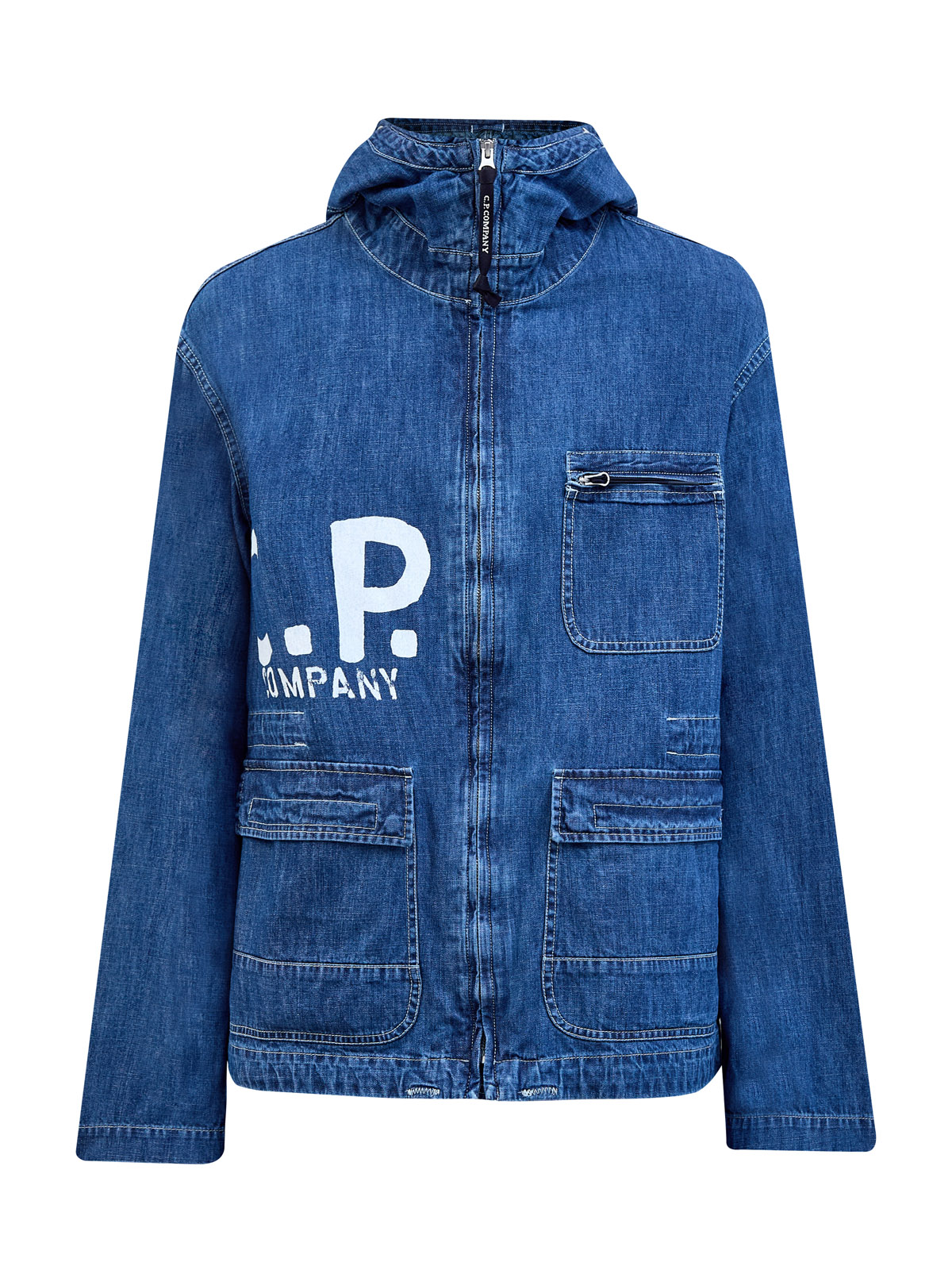 Куртка из окрашенного денима с капюшоном Google и макро-принтом C.P.COMPANY, цвет синий, размер M;L;XL - фото 1