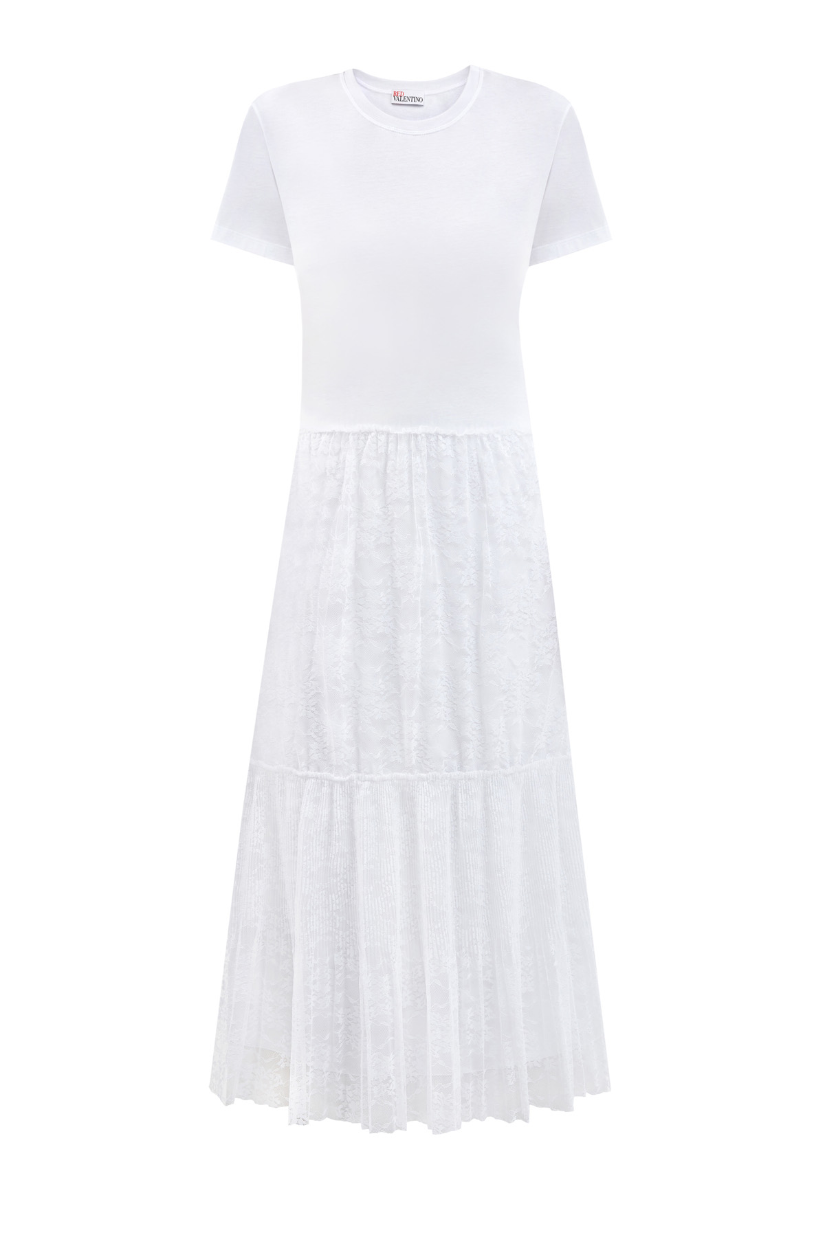 Платье-футболка из хлопкового джерси с кружевным подолом-плиссе REDVALENTINO, цвет белый, размер 42;44;40 - фото 1
