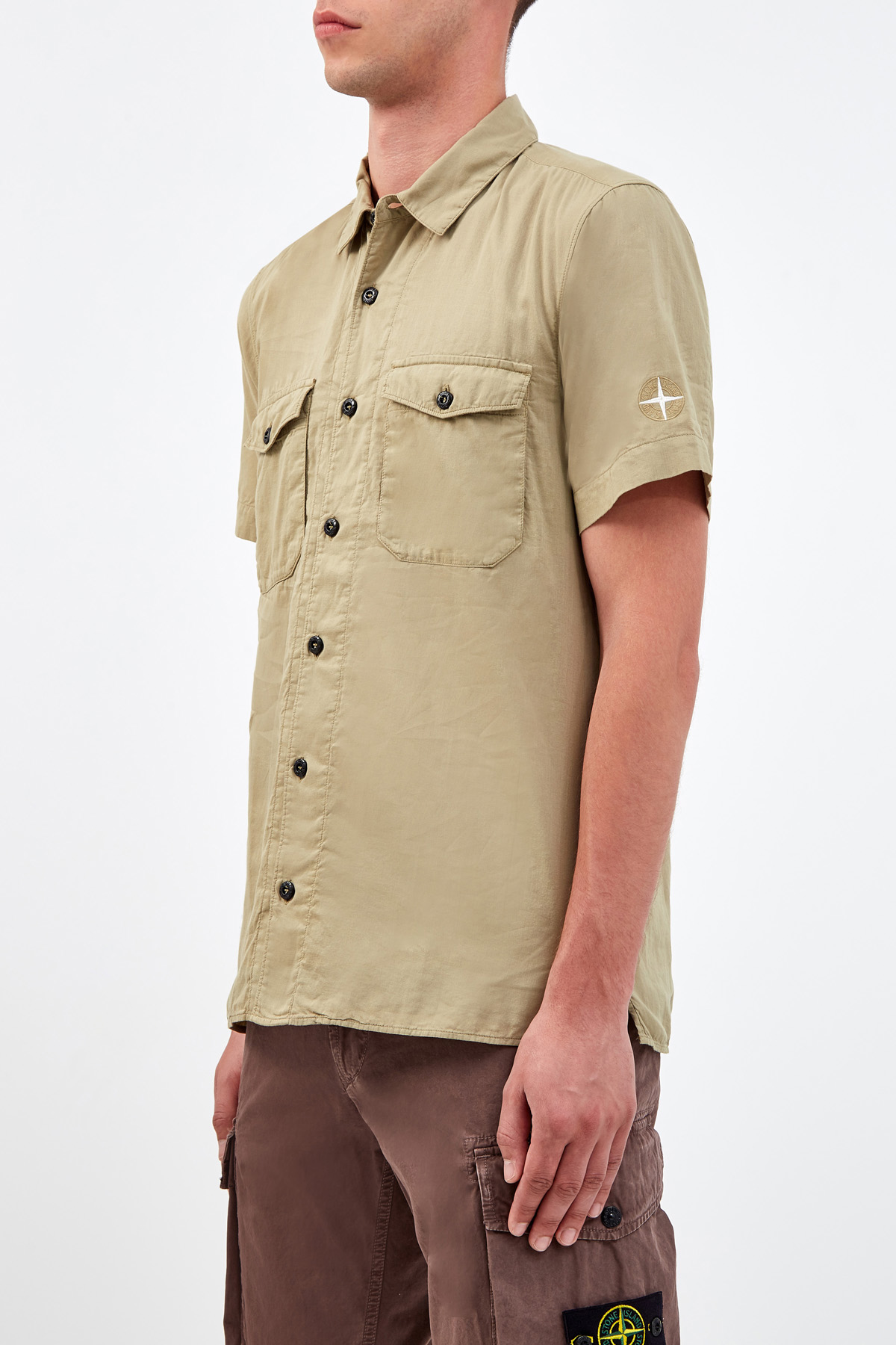 Хлопковая рубашка из легкого муслина с короткими рукавами STONE ISLAND, цвет бежевый, размер 50;48 - фото 3