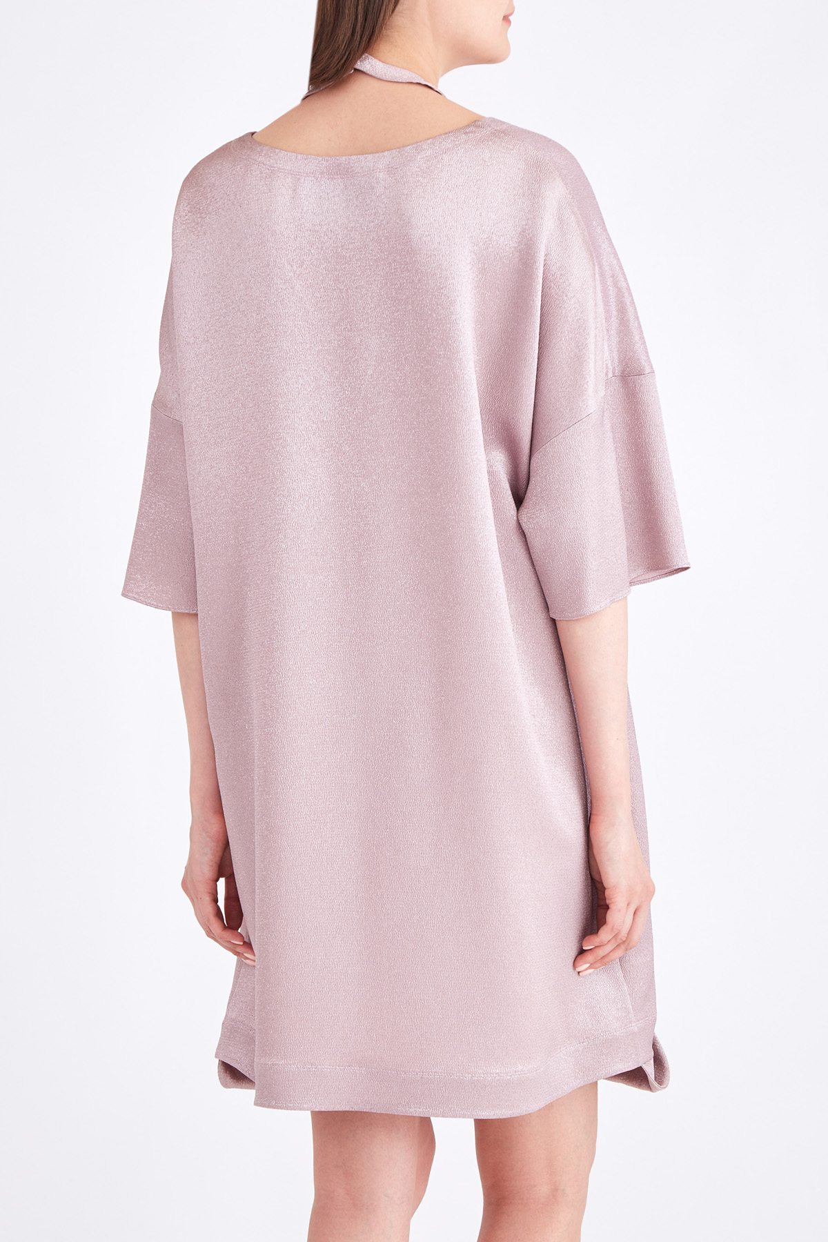 Платье из тисненого металлизрованного атласа с воротником-халтером VALENTINO, цвет розовый, размер 42;44 - фото 4