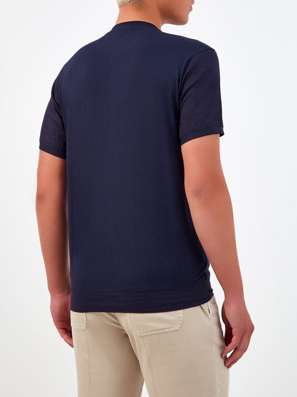 Комбинированная льняная футболка с воротом в рубчик CUDGI, цвет синий, размер 50;52;54;56;48 - фото 4