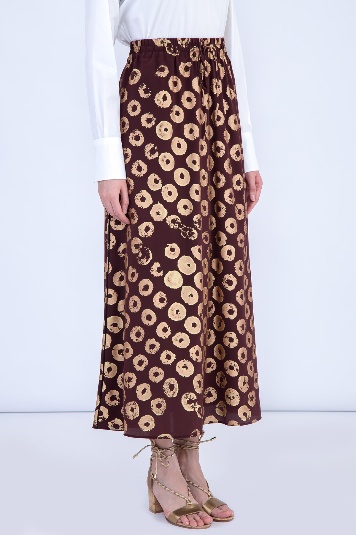 Шелковая юбка-макси с золотистым принтом VALENTINO, цвет бордовый, размер 42 - фото 3