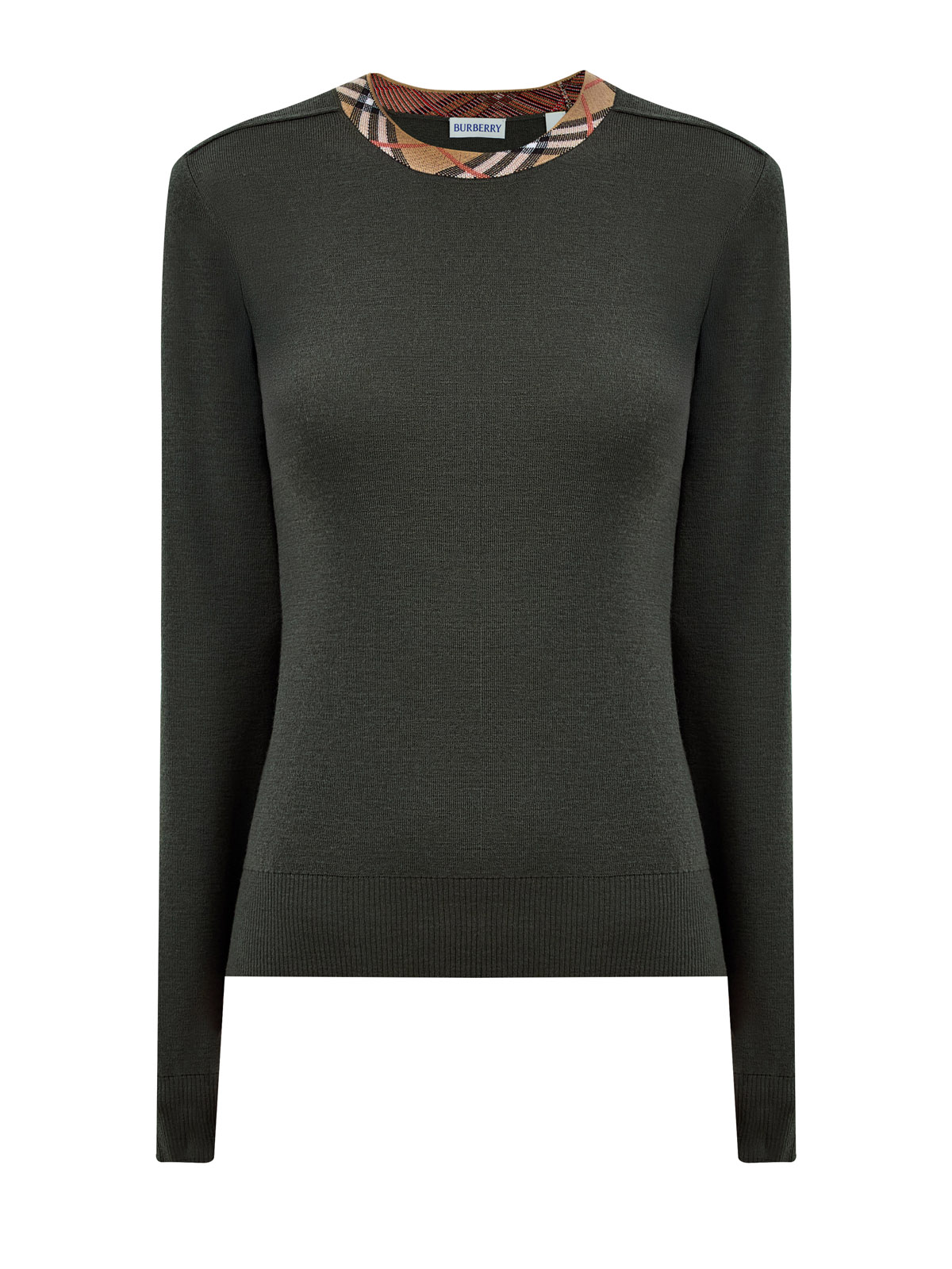 

Джемпер из тонкой шерсти с воротом Burberry Check, Зеленый, Джемпер из тонкой шерсти с воротом Burberry Check