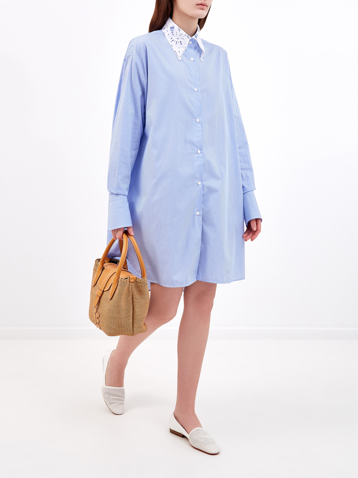 Платье-рубашка с принтом в полоску и вышивкой ручной работы ERMANNO SCERVINO, цвет голубой, размер 42;44;46;40 - фото 2