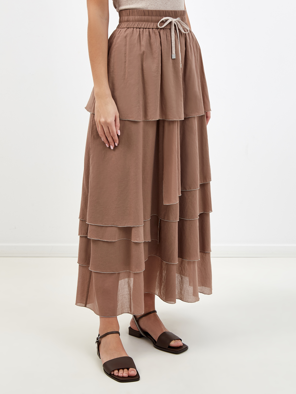 Воздушная юбка-миди из тонкого хлопка с цепочками PESERICO, цвет коричневый, размер 42;44;40 - фото 3