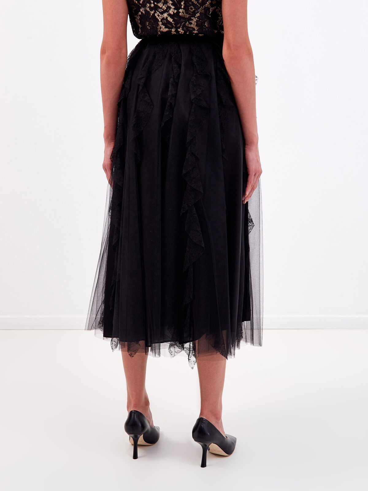 Многослойная юбка-плиссе с кружевным декором VALENTINO, цвет черный, размер 40;42;38 - фото 4