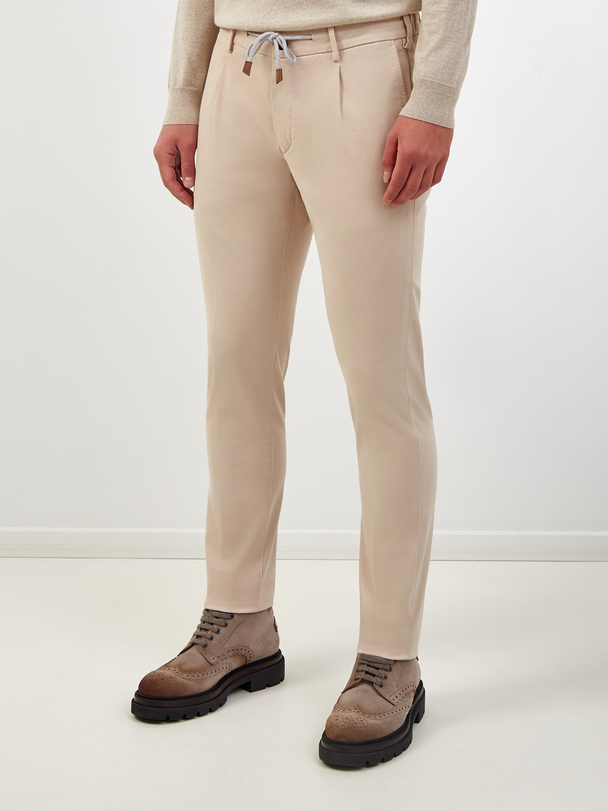 Зауженные брюки из хлопка и лиоцелла с поясом на кулиске ELEVENTY, цвет бежевый, размер 46;48;50;52;54 - фото 3