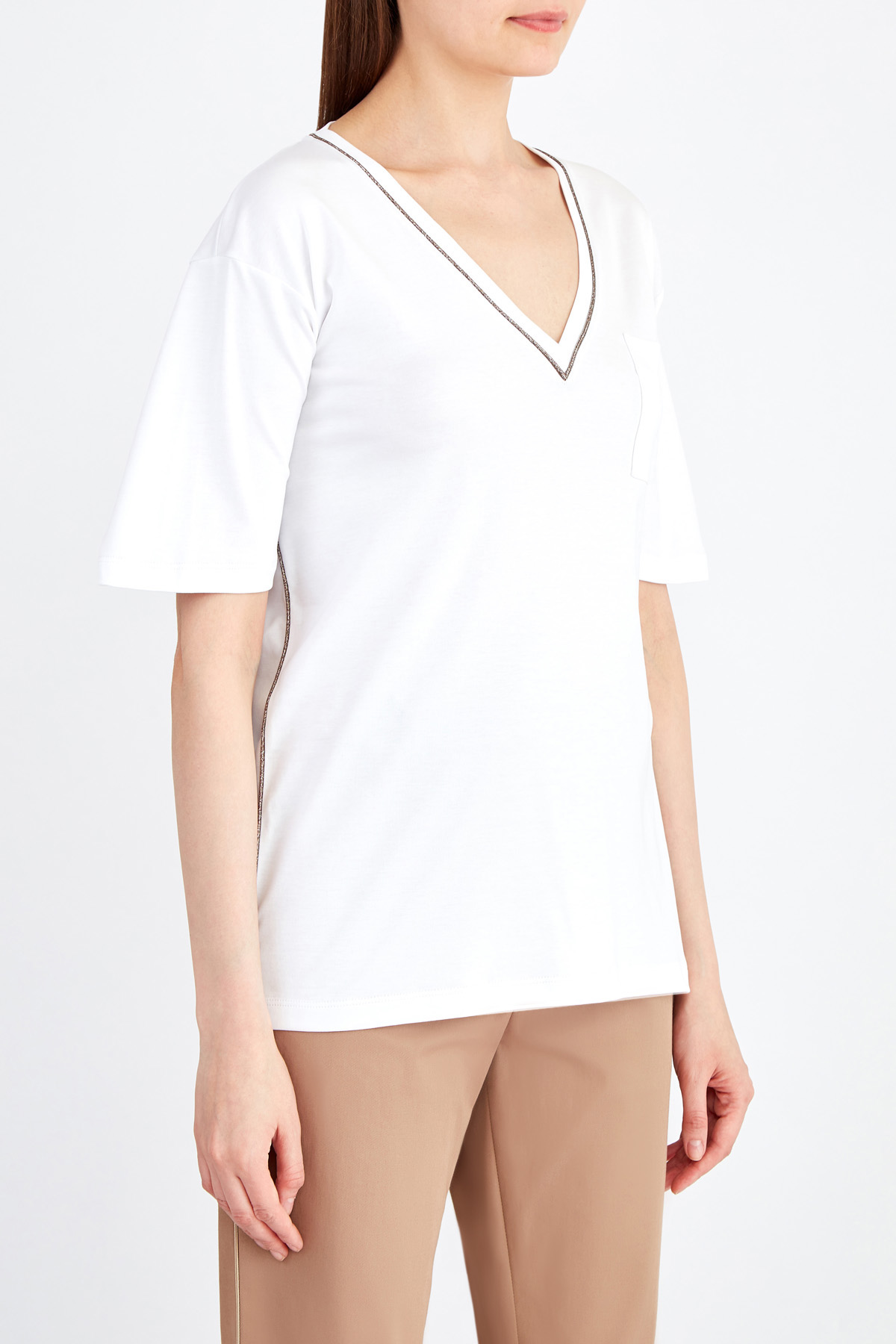 Свободная футболка с отделкой мерцающей тесьмой и карманом ELEVENTY, цвет белый, размер 44;46;48;42 - фото 3
