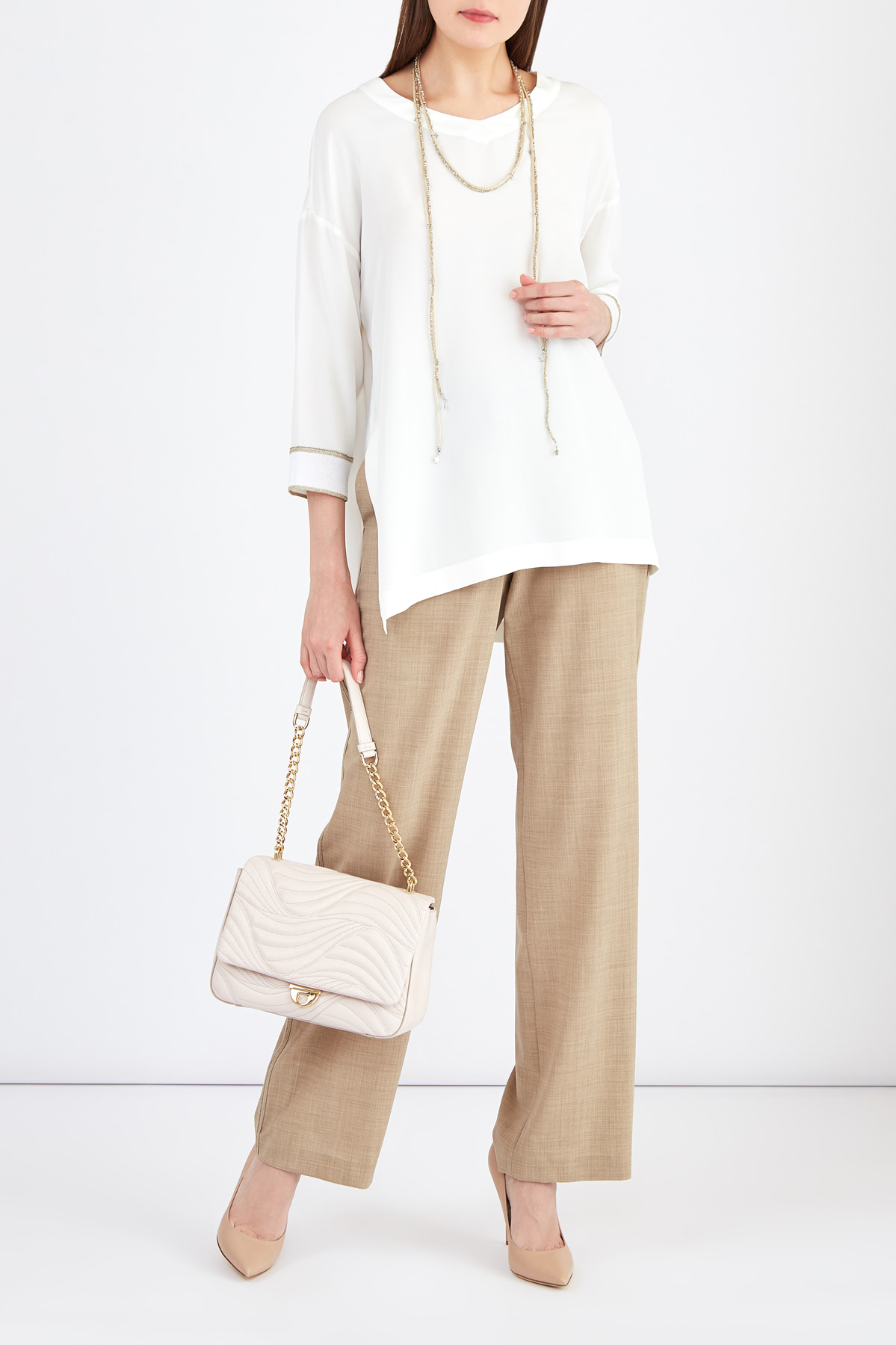 Блуза из шелковой ткани с манжетами из хлопка и люрекса LORENA ANTONIAZZI, цвет белый, размер 38;42;44;46 - фото 2