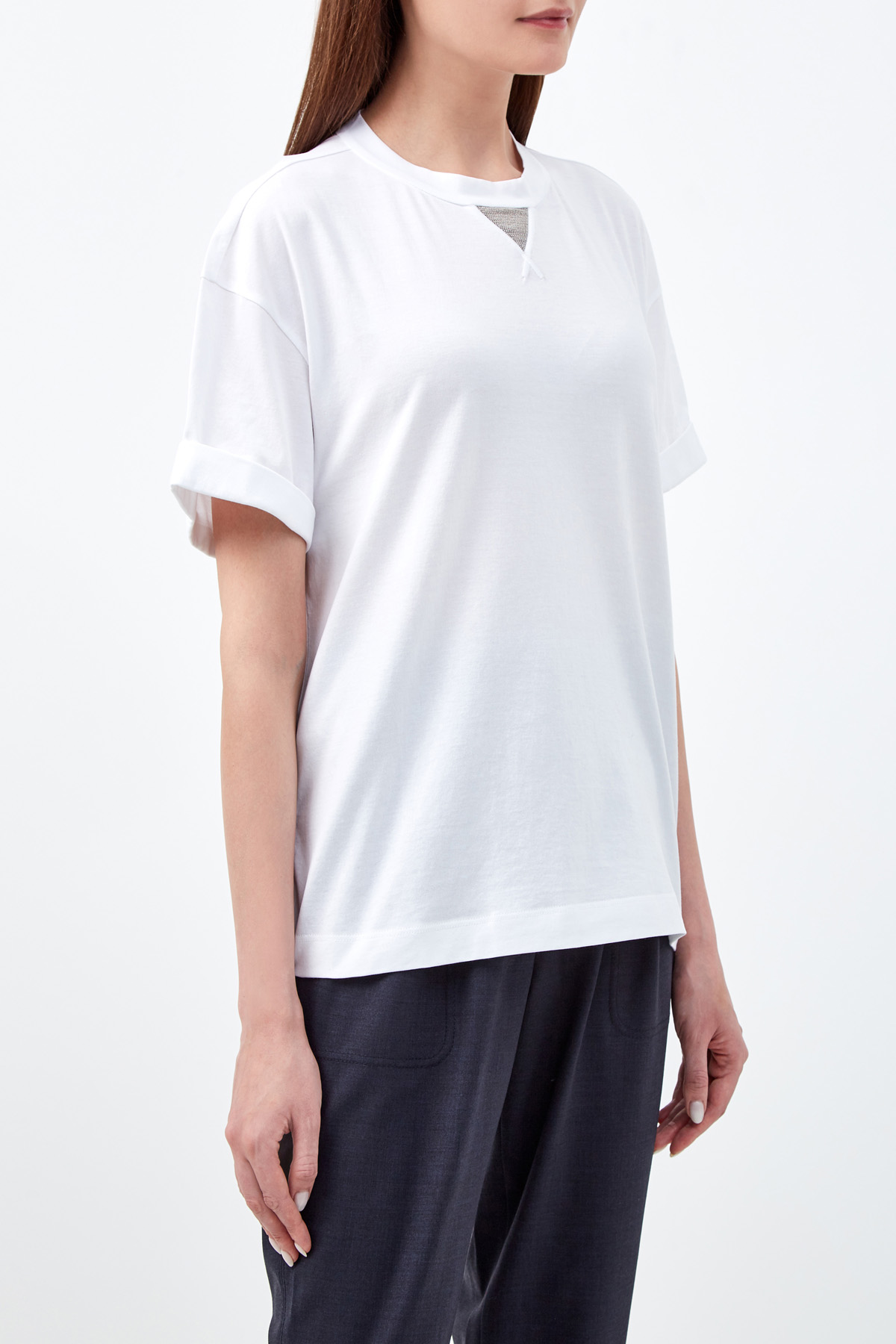 Белая футболка из гладкого джерси с мерцающей вышивкой BRUNELLO CUCINELLI, цвет белый, размер 40;46;48 - фото 3