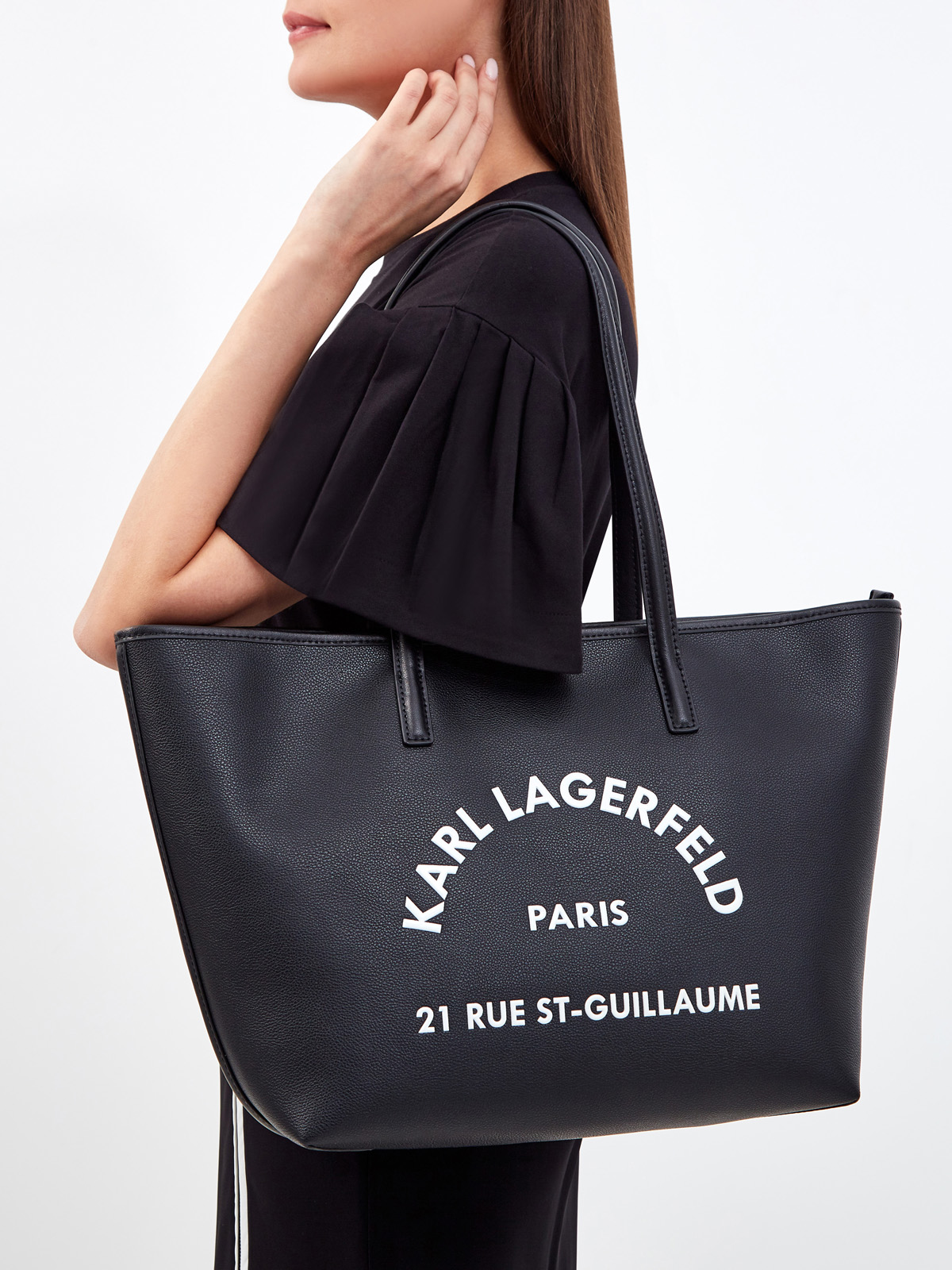 Монохромная сумка из гладкой кожи с принтом Rue St-Guillaume KARL LAGERFELD, цвет черный, размер 5;6;7 - фото 2