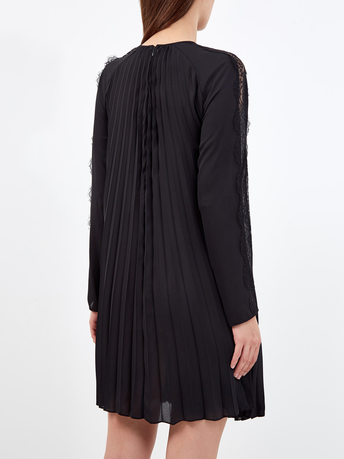 Плиссированное платье из жоржета с кружевной отделкой REDVALENTINO, цвет черный, размер M;L;S - фото 4