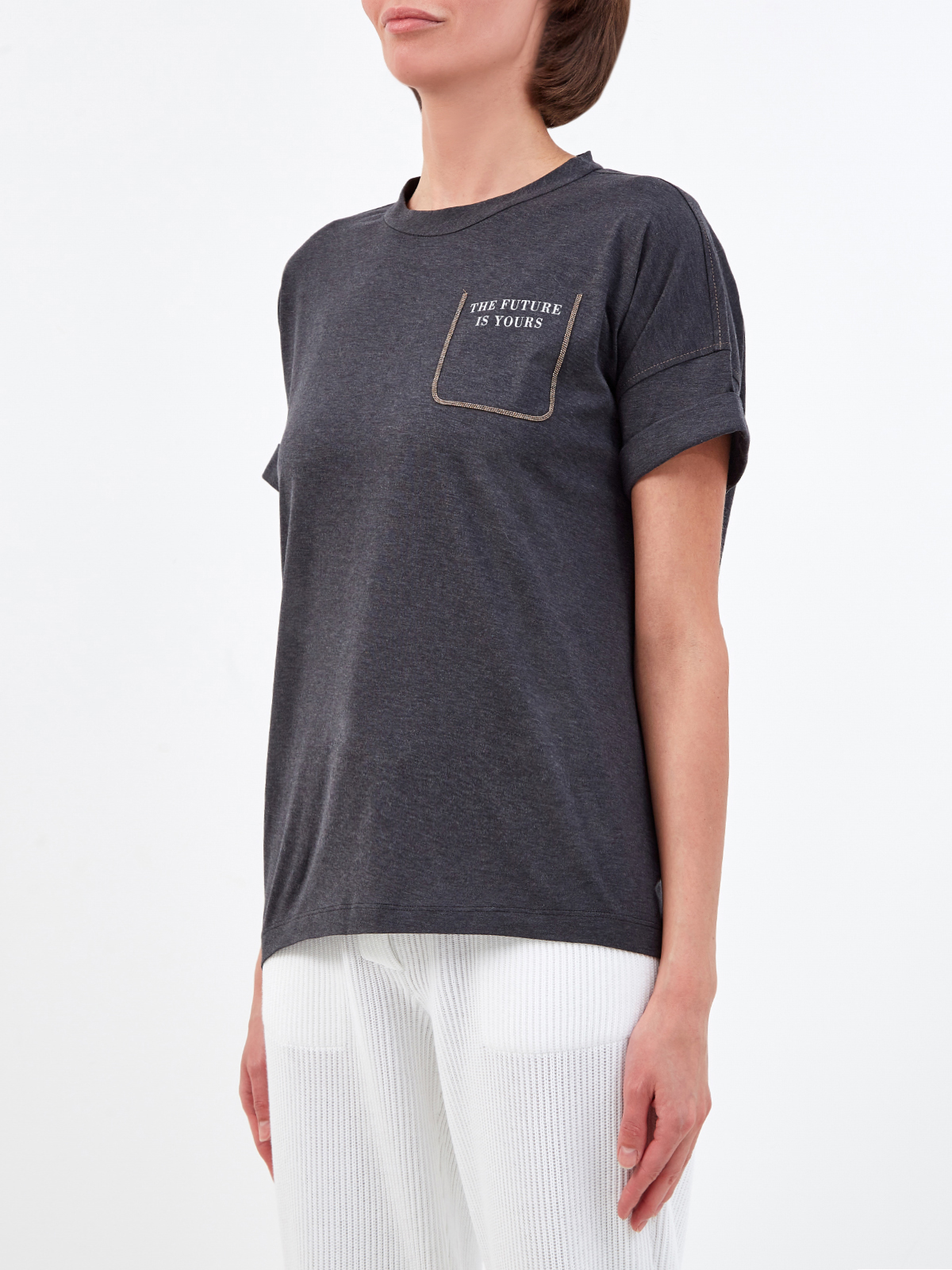 Хлопковая футболка с принтом и декором Мониль BRUNELLO CUCINELLI, цвет серый, размер 38 - фото 3