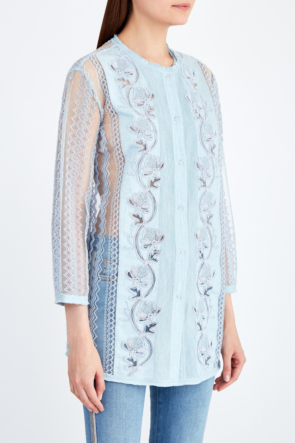 Блуза из кружевной вуали с расшитой вставкой на передней планке ERMANNO SCERVINO, цвет голубой, размер 42;44 - фото 3
