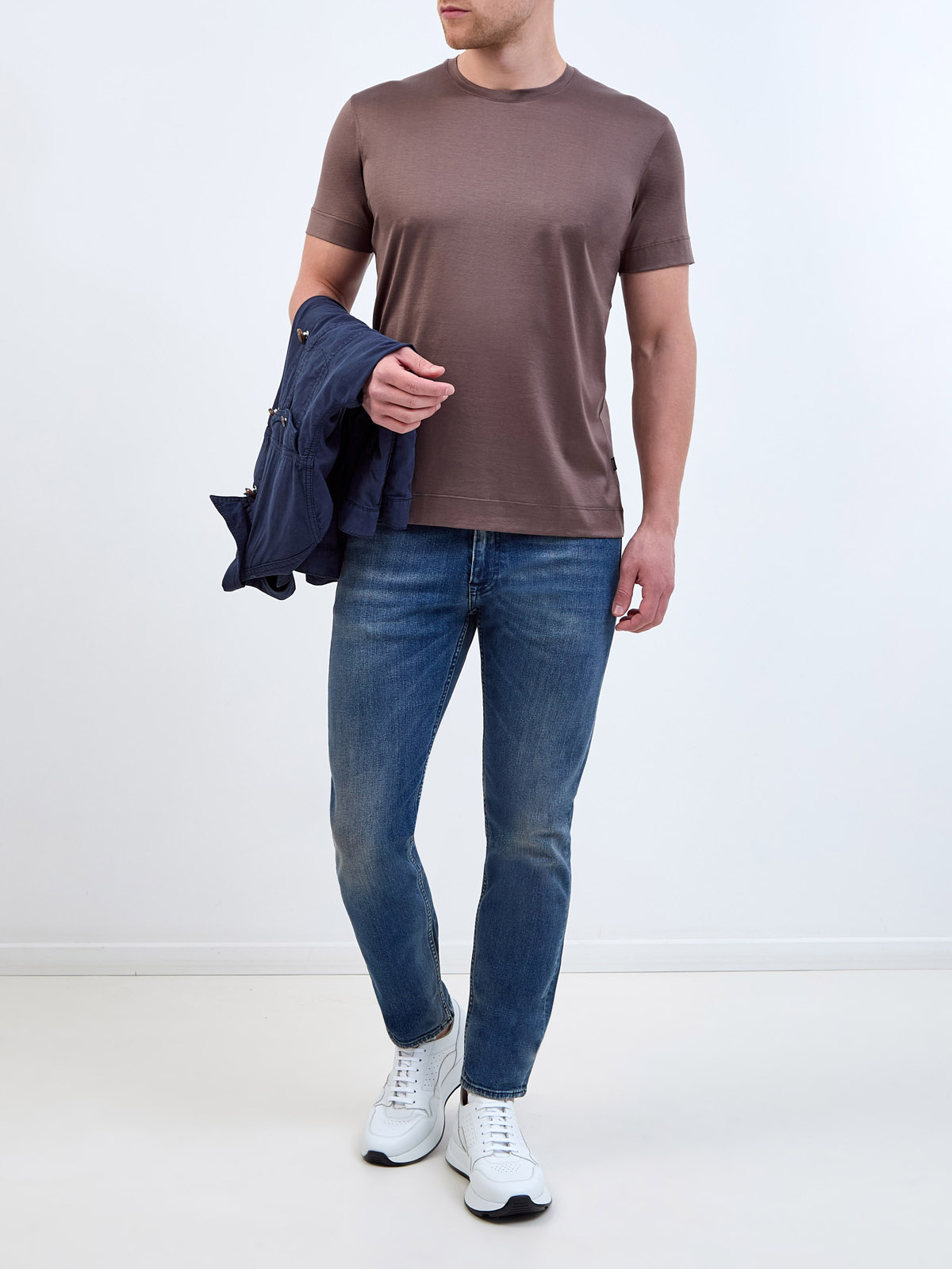 Однотонная футболка из хлопкового и шелкового джерси CUDGI, цвет коричневый, размер 48;50;52;56;60;54 - фото 2