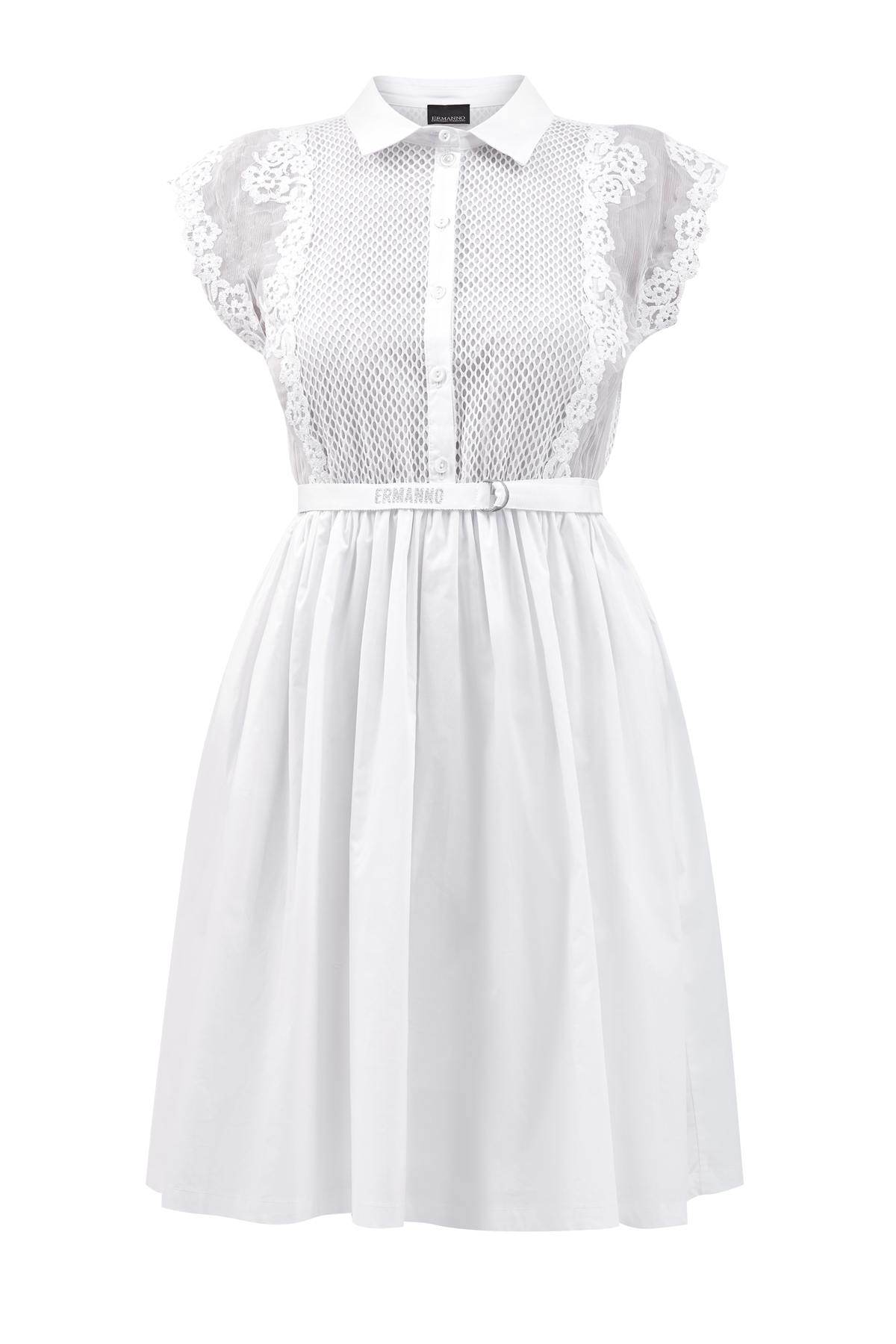Хлопковое платье с заложенными складками и кружевной отделкой ERMANNO ERMANNO SCERVINO, цвет белый, размер 40;44;42 - фото 1