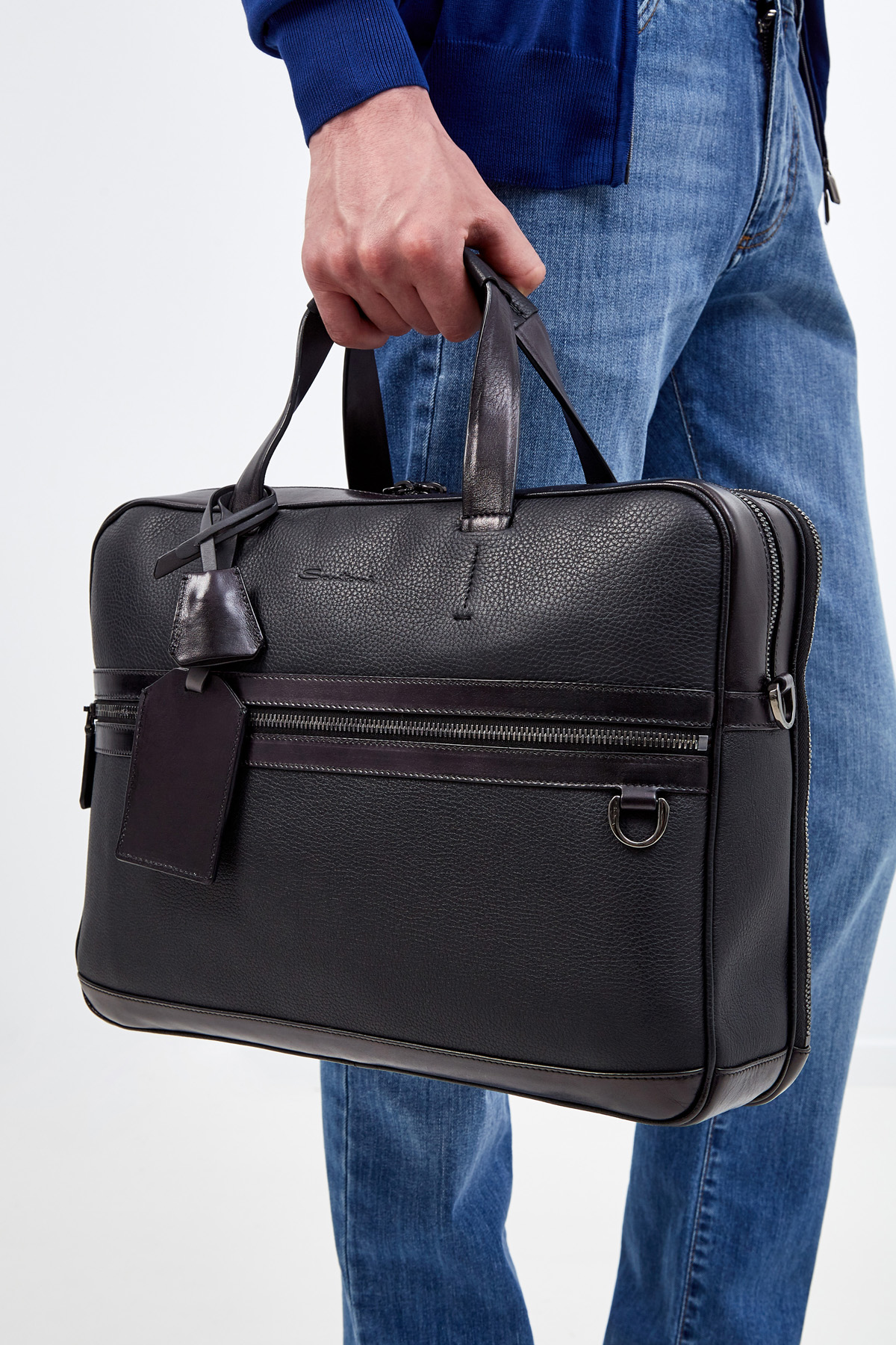 Кожаная сумка с карманом для бумаг А4 и съемным плечевым ремнем SANTONI, цвет черный, размер 36;38.5 - фото 2