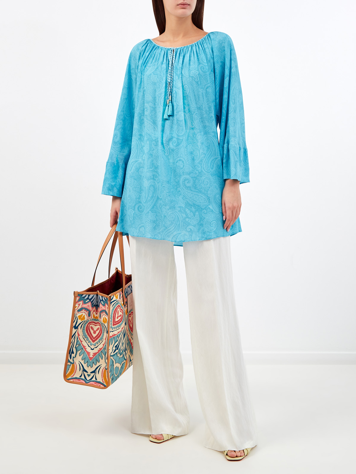 Легкая блуза с плетеными кисточками и принтом в тон ETRO, цвет голубой, размер 40;42;44;46;38 - фото 2