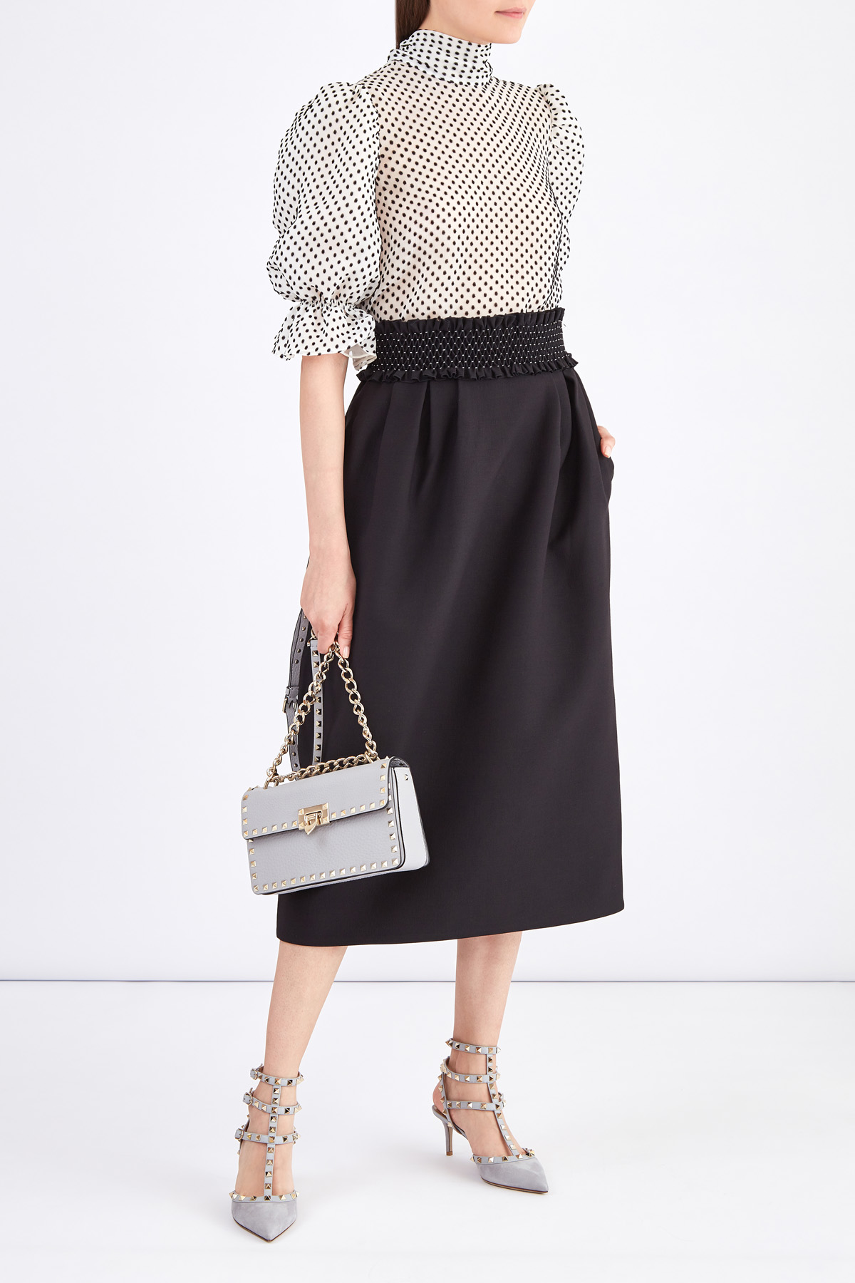 Черная юбка-колокол длины миди с фактурным поясом ручной отделки VALENTINO, цвет черный, размер 42 - фото 2