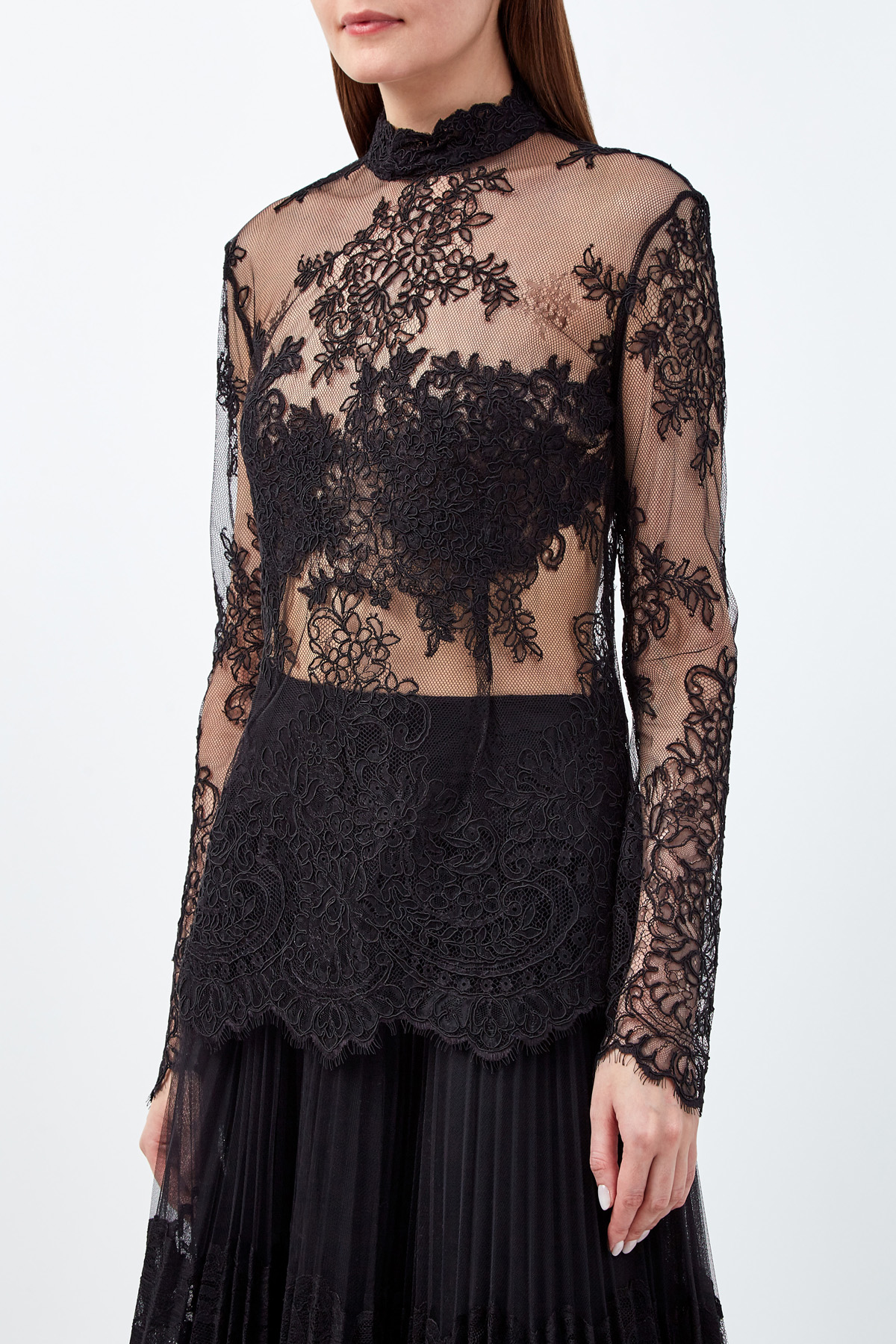 Кружевная блуза из вуали с вышивкой ручной работы ERMANNO SCERVINO, цвет черный, размер 42;40 - фото 3
