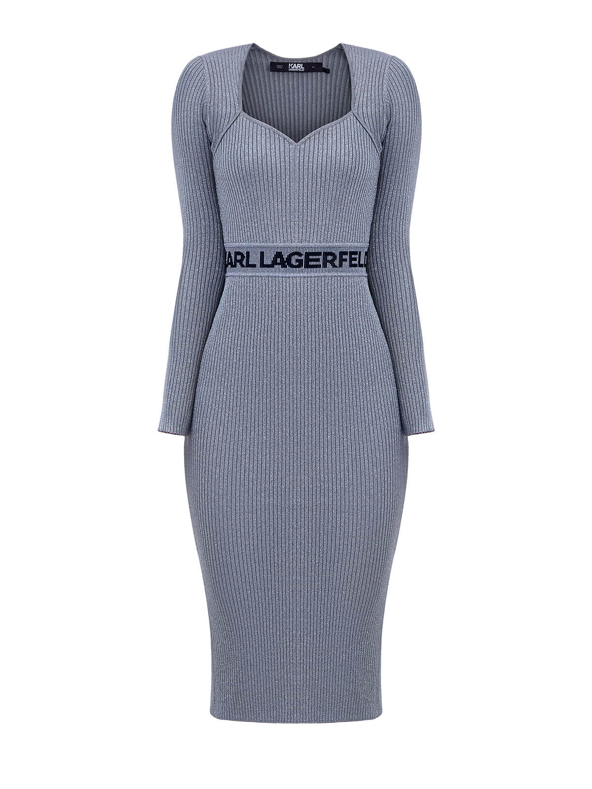 Платье из трикотажа с мерцающей нитью ламе и жаккардовым поясом KARL LAGERFELD, цвет серый, размер XS;S;M;L