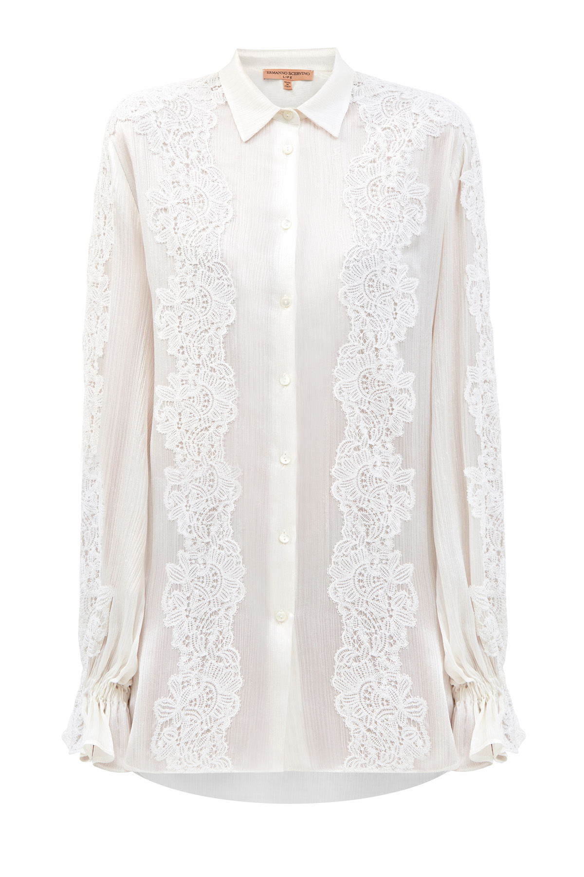 Струящаяся блуза из легкого шифона с объемными рукавами и кружевной отделкой ERMANNO SCERVINO, цвет белый, размер 40;42;38 - фото 1