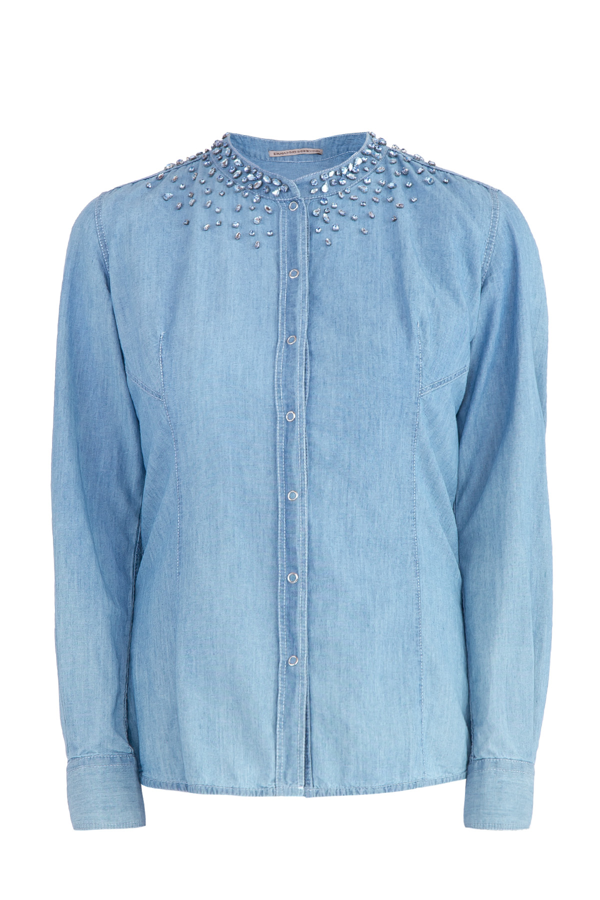 Рубашка из тонкого денима с воротом-стойкой и россыпью кристаллов ERMANNO SCERVINO, цвет голубой, размер 42